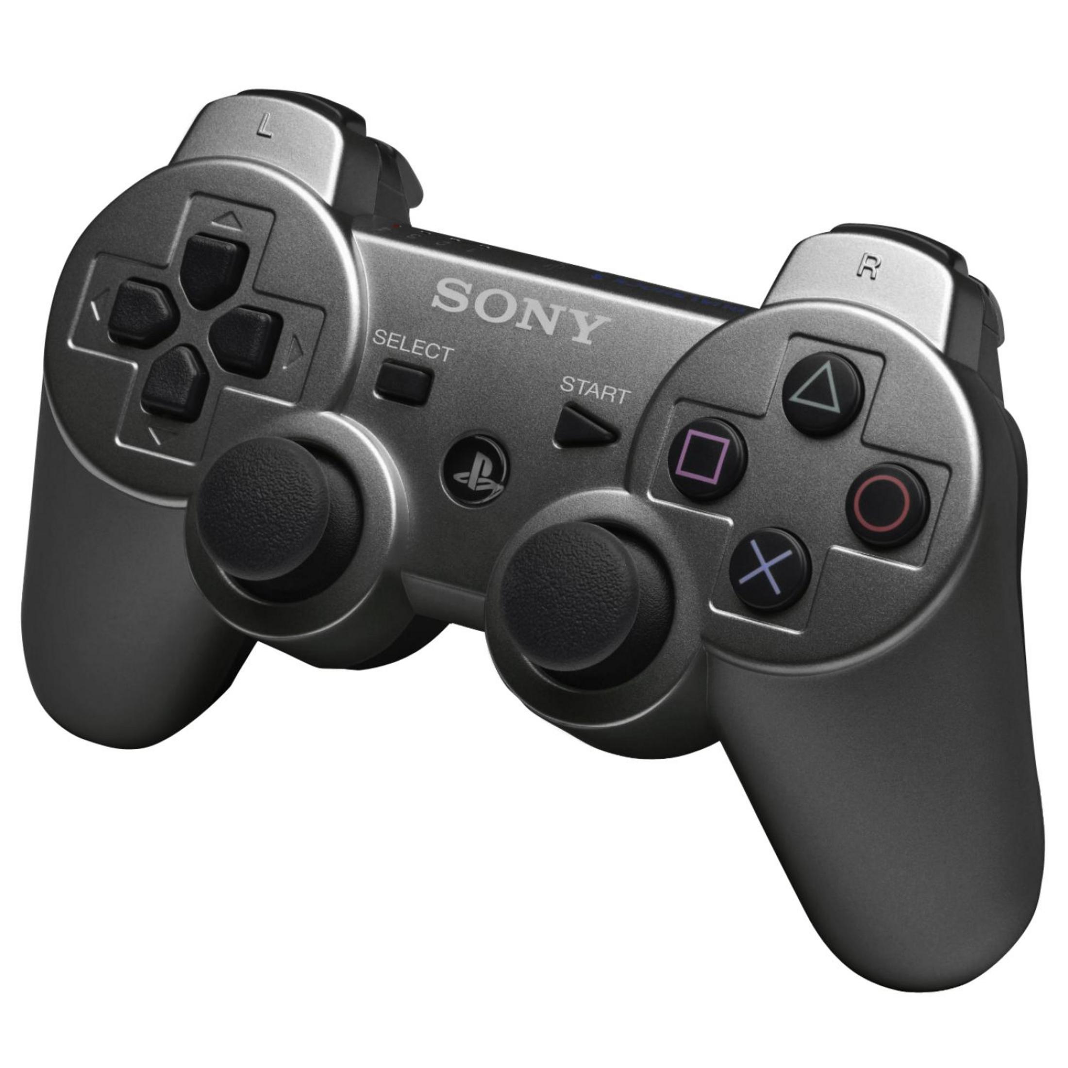 A gray Sony controller, front view, showing joysticks and buttons.