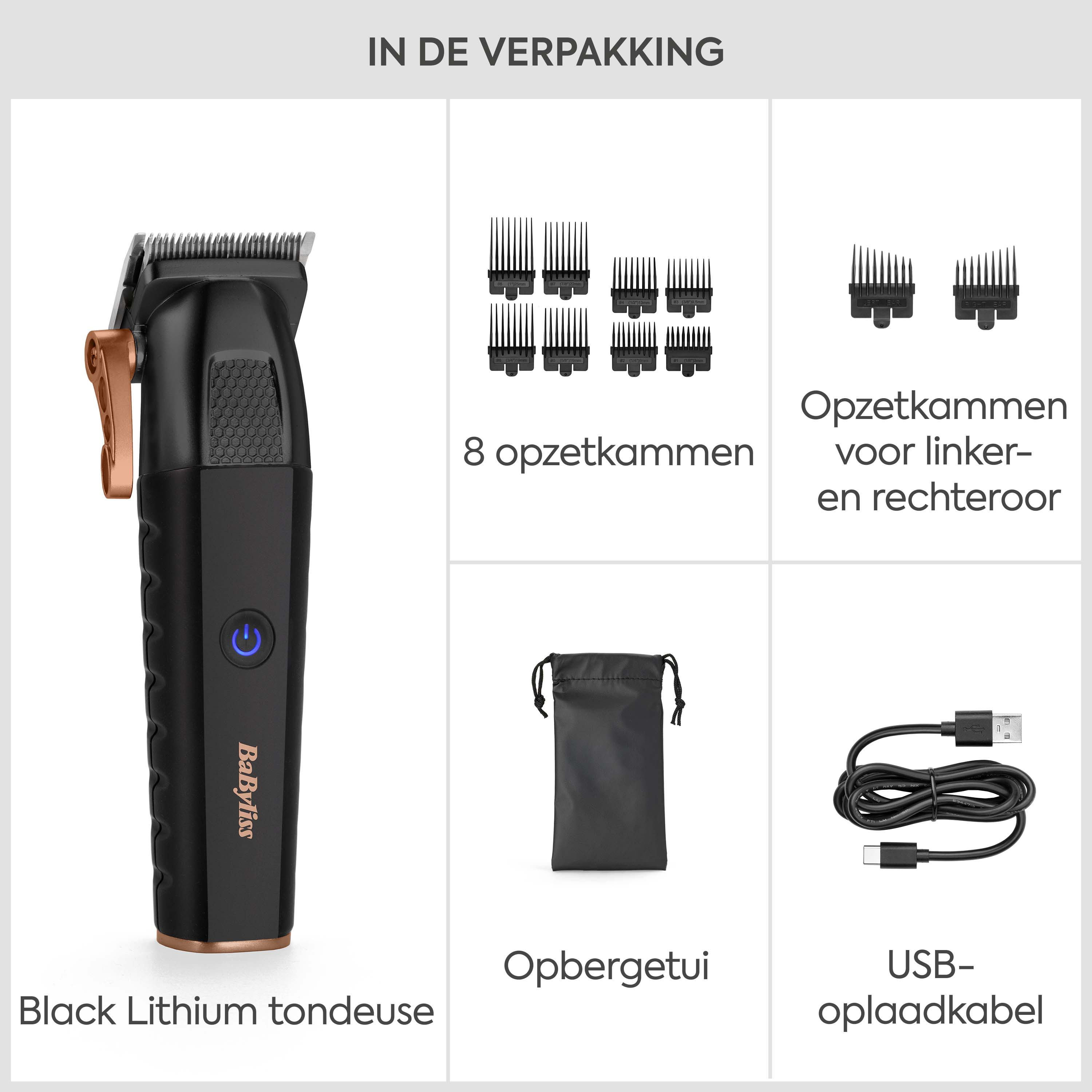 Tagliacapelli al litio nero con accessori: 8 pettini, custodia, cavo USB.