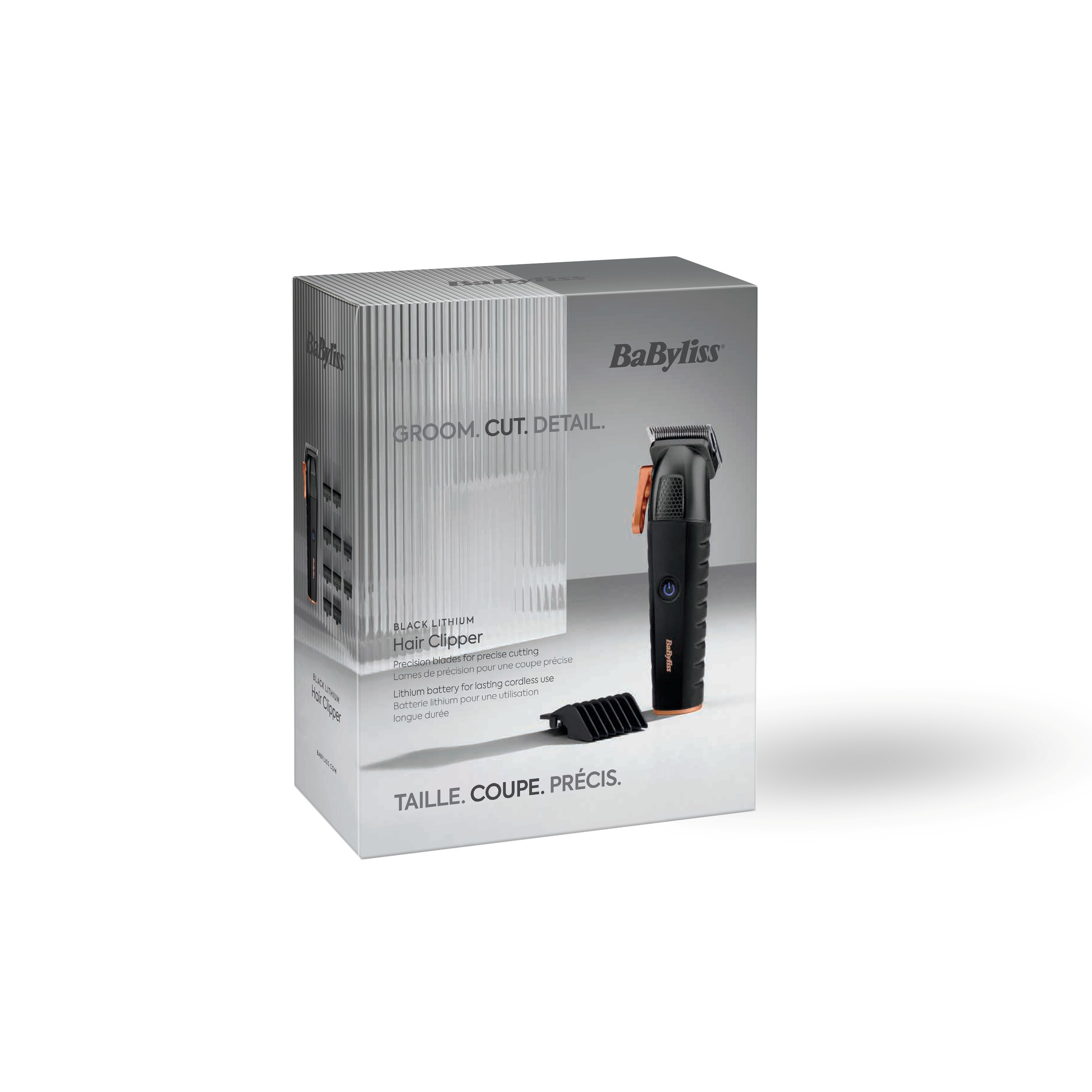 Confezione di un tagliacapelli BaByliss nero con accessorio.