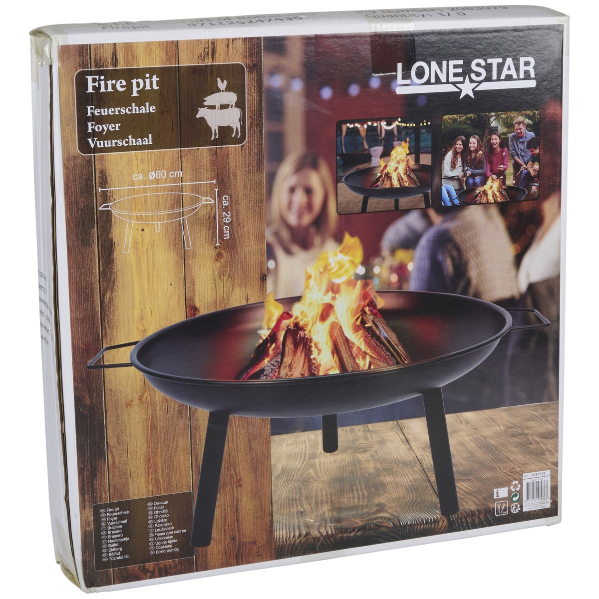 Große schwarze Feuerschale mit brennendem Holz auf Holztisch. Produktverpackung.