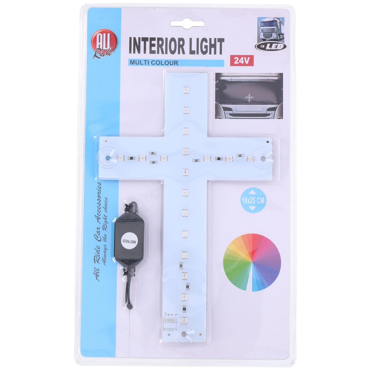 Cross-shaped interior light with LEDs and color wheel on packaging