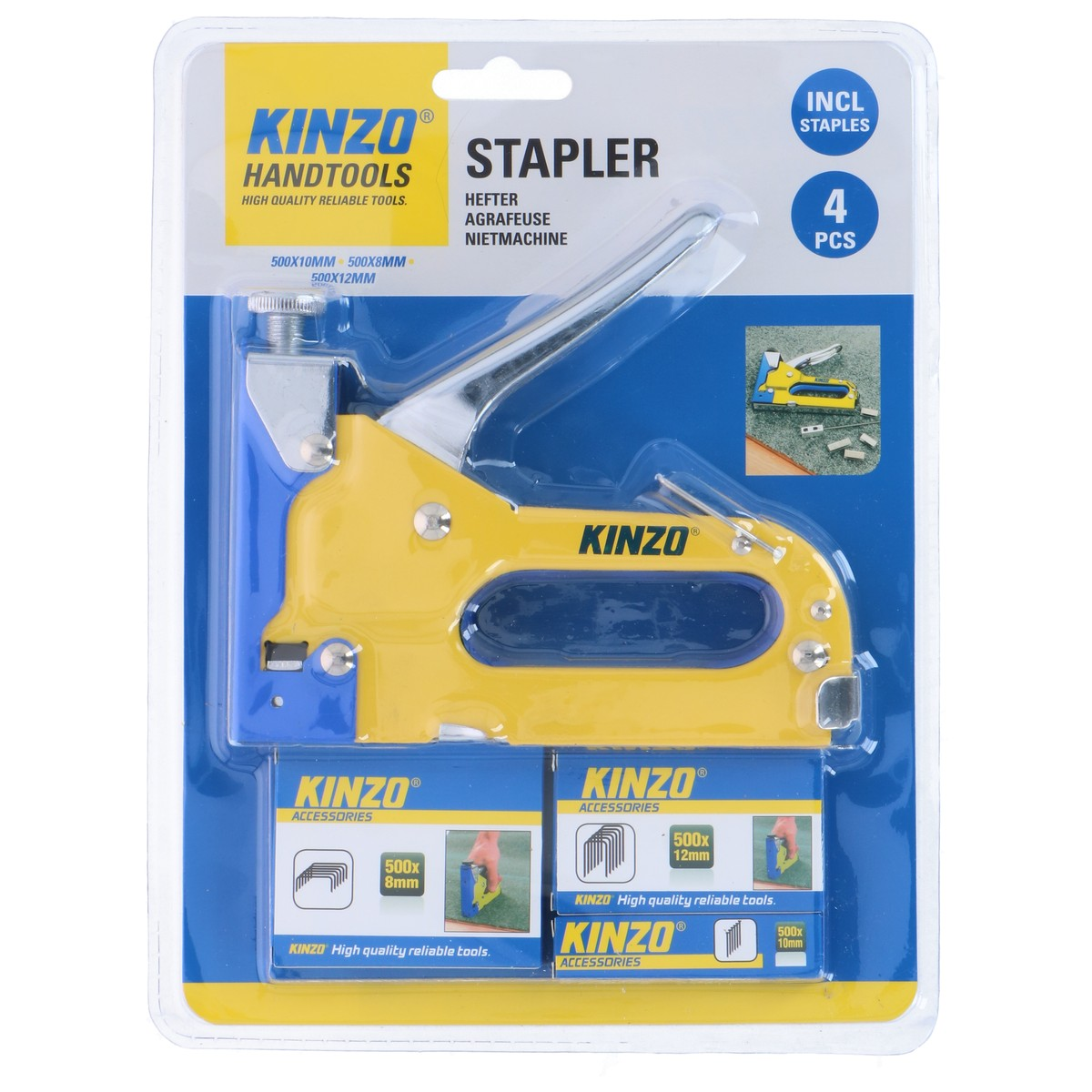 A yellow and blue handheld stapler with staple refills in blister packaging.