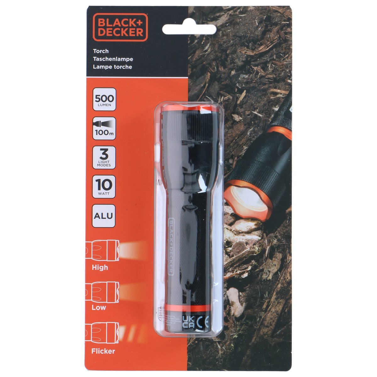 Lampe torche Black+Decker 500 lumens, 3 modes, 10 watts, ALU.