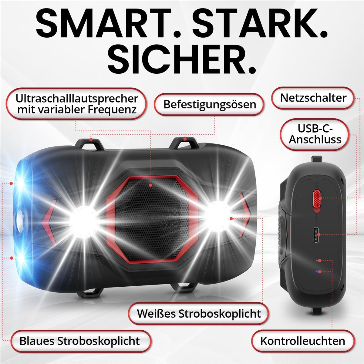 Schwarzes Gerät mit weißen und blauen Stroboskopen, Lautsprecher und USB-C-Anschluss.