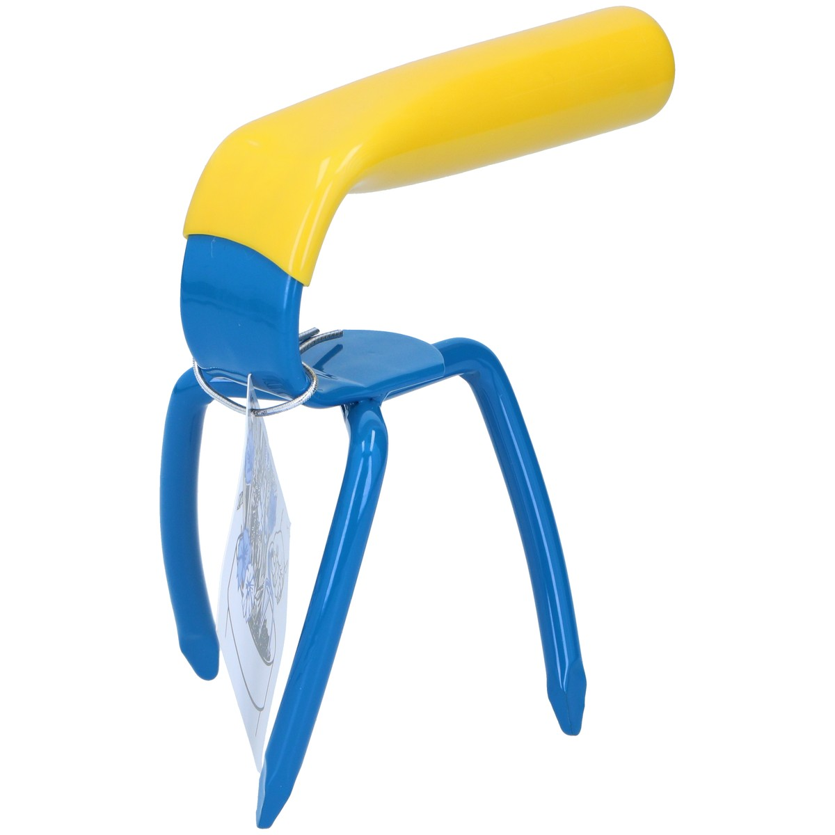 Une truelle de jardin bleue avec un manche jaune et une étiquette.
