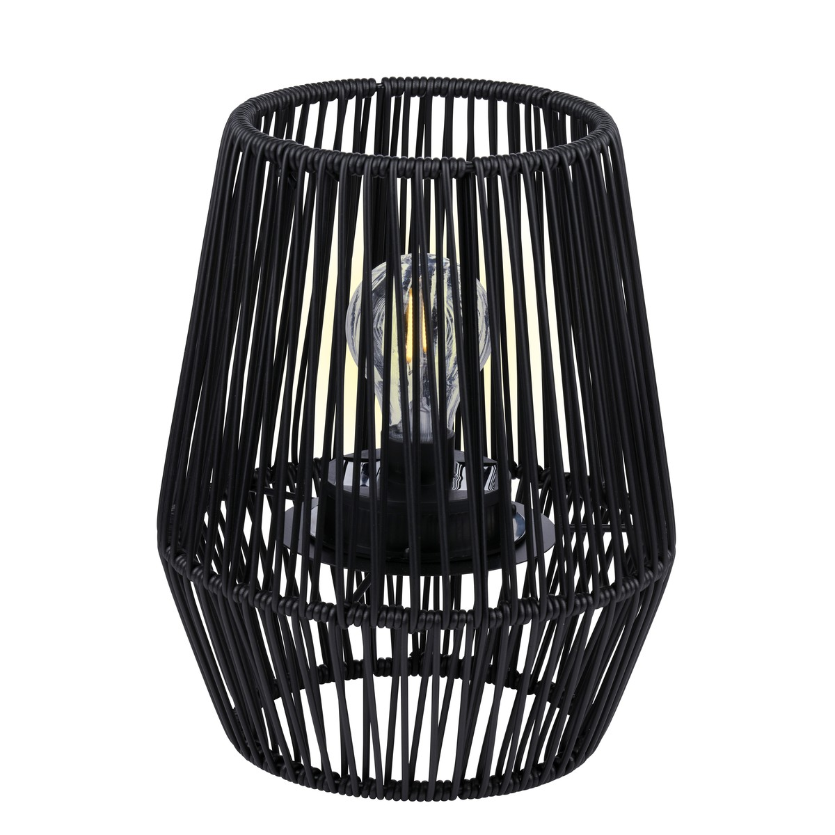 Black basket lamp with a light bulb.