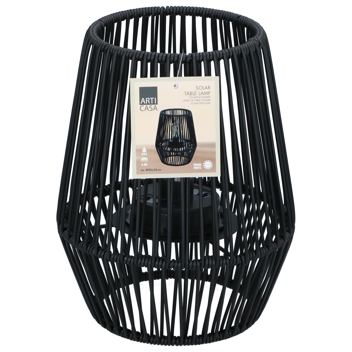 Black rattan table lamp with solar power and warm white light. Ø20x25cm.