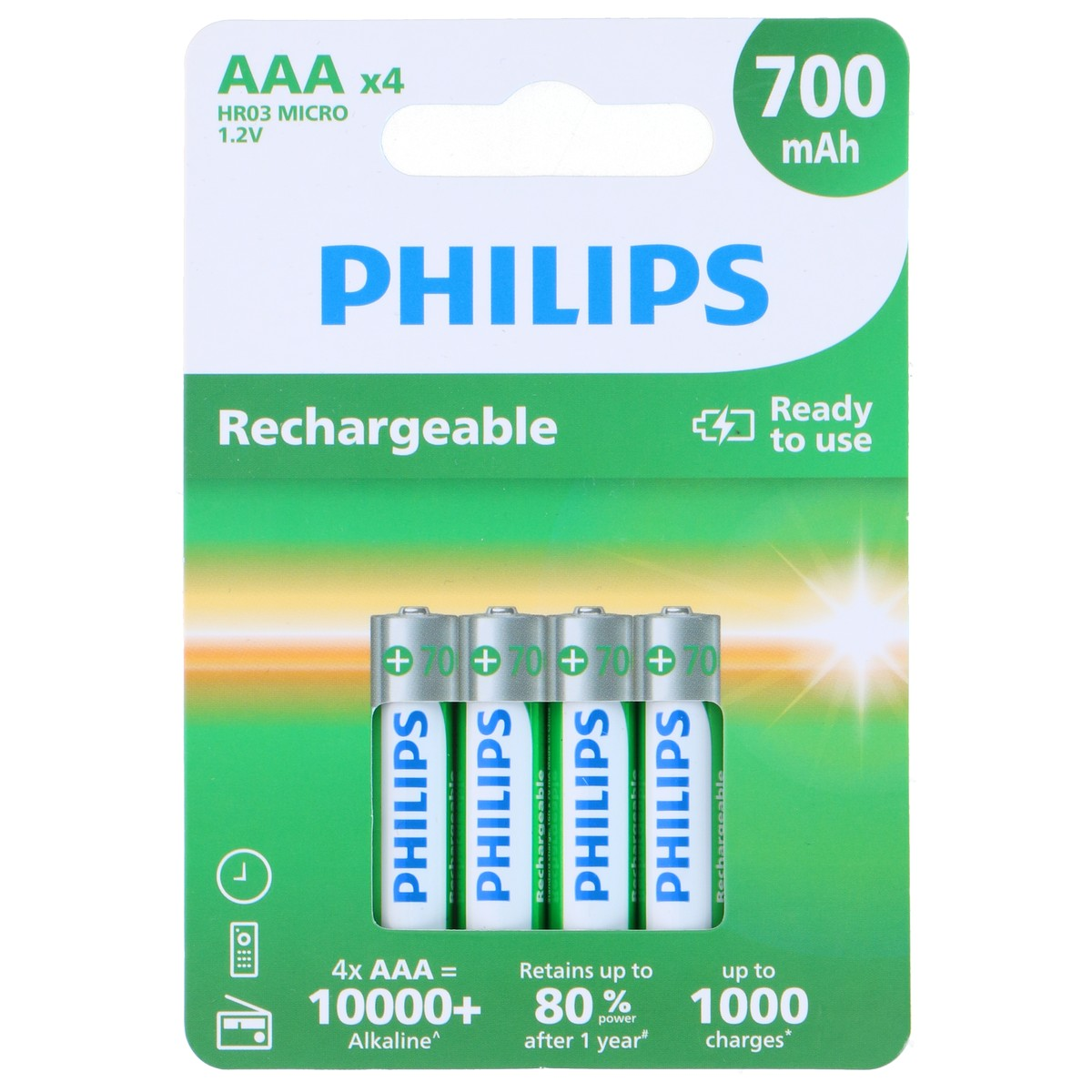 Four AAA Philips rechargeable batteries in a package with green and white accents.