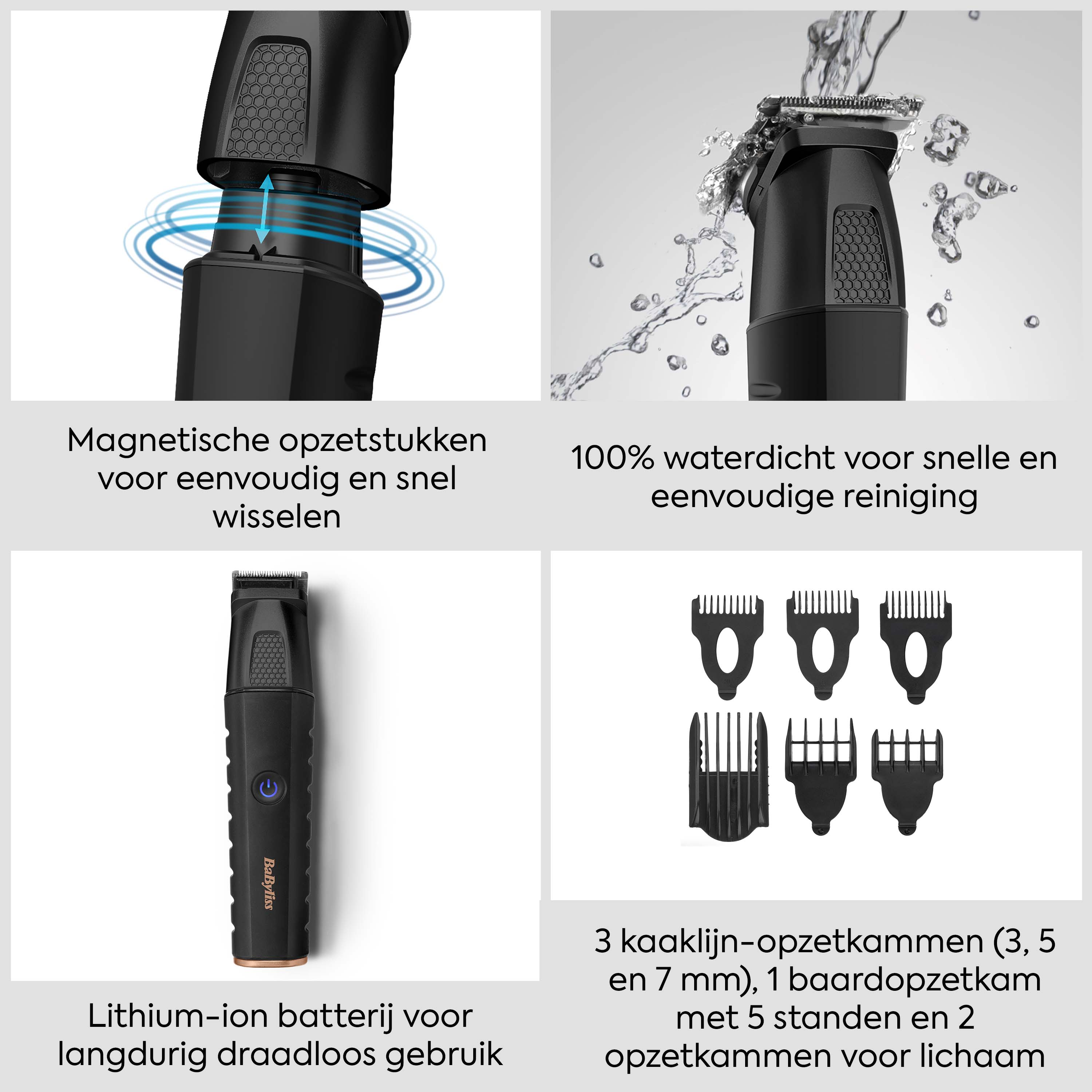 Rifinitore nero con accessori, batteria e risciacquo ad acqua.