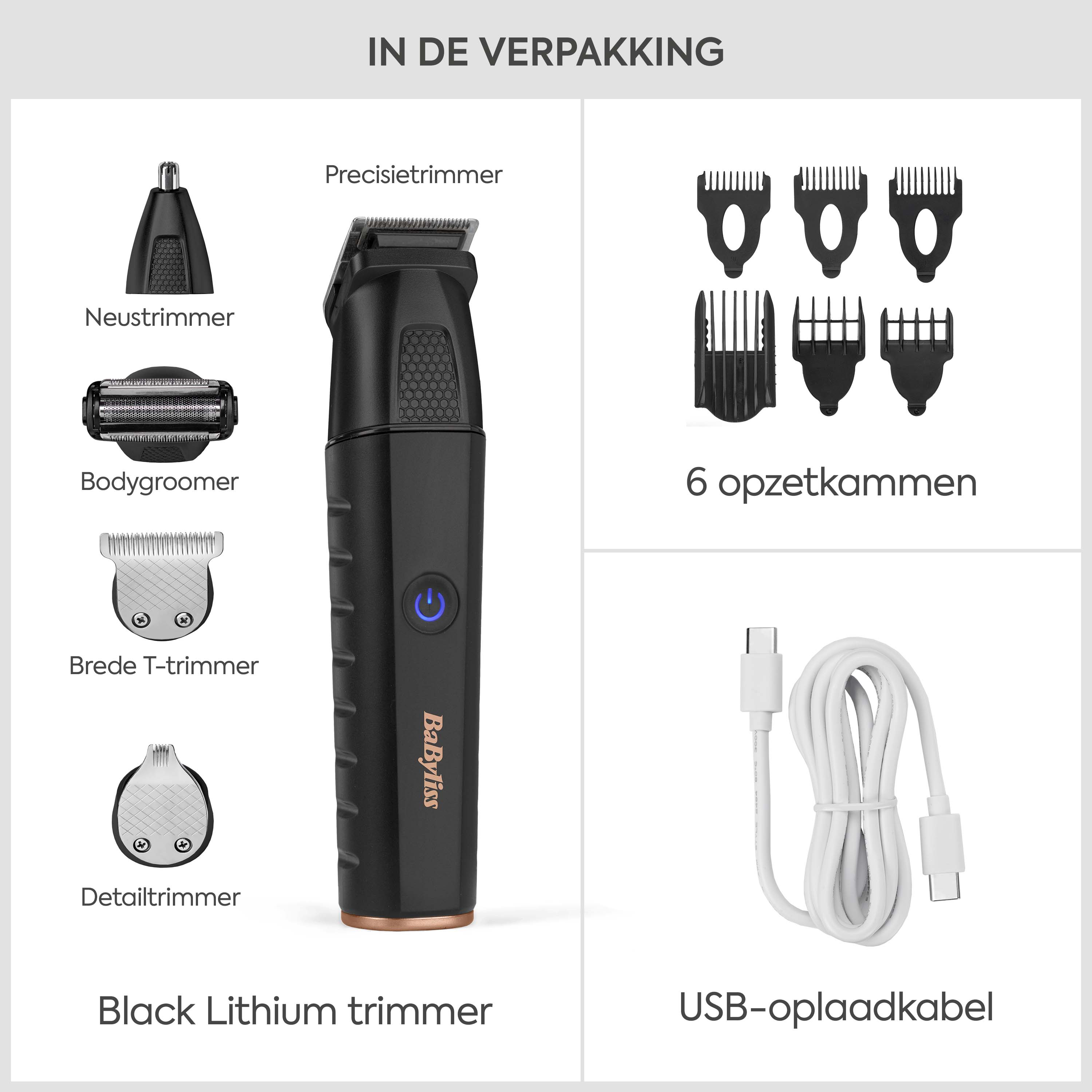 Un rifinitore al litio nero con vari accessori e un cavo di ricarica USB.