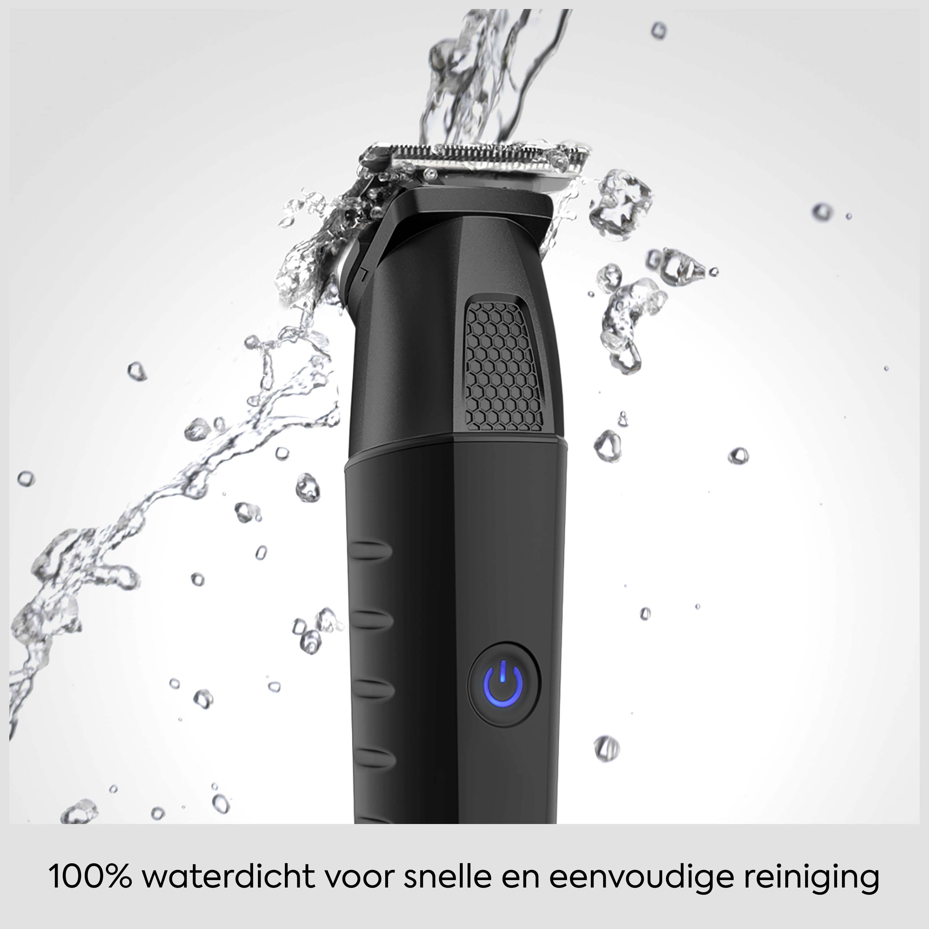 Regolabarba nero sciacquato con acqua, con pulsante di accensione blu e testo.