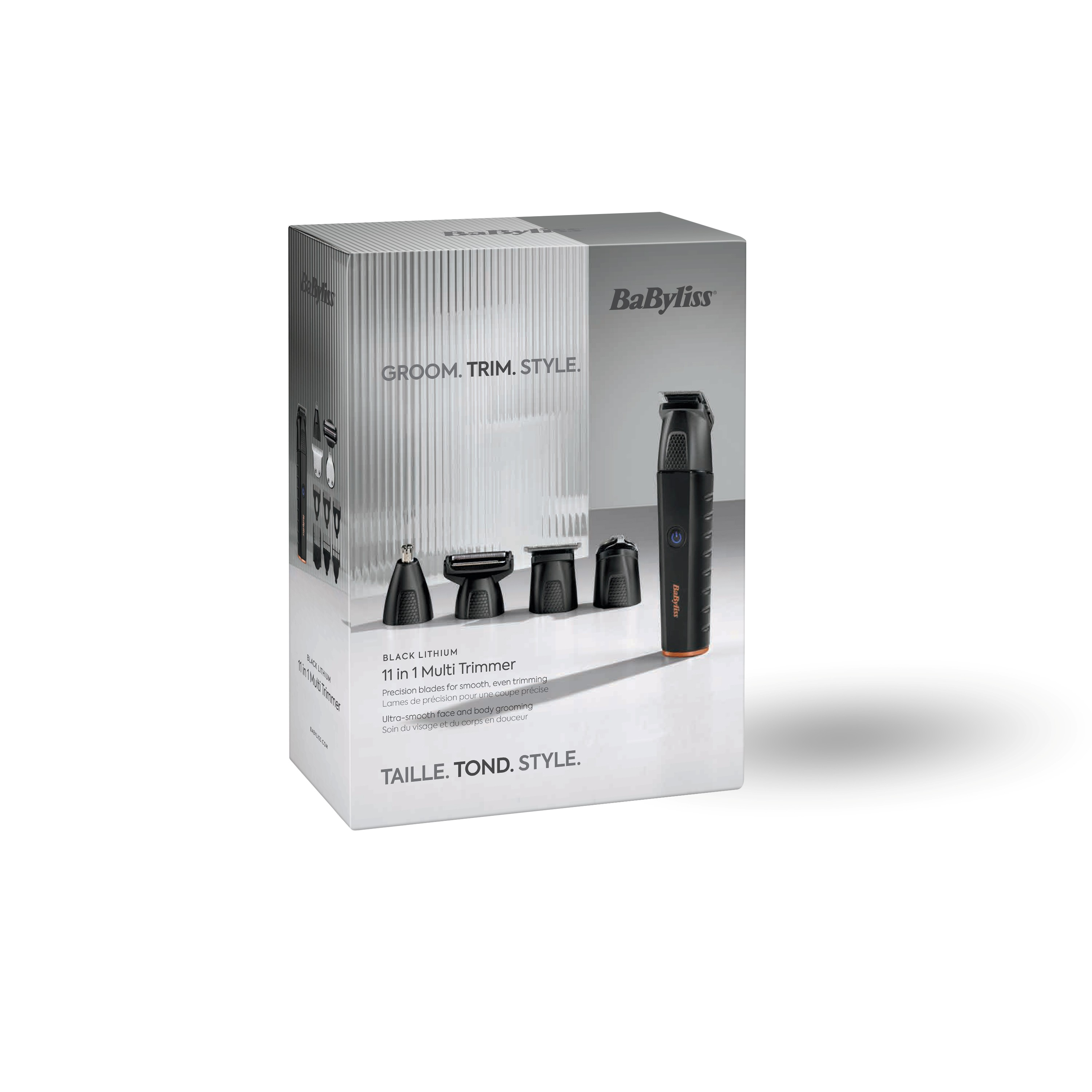 Scatola di un rifinitore BaByliss 11-in-1, con accessori e rifinitore.