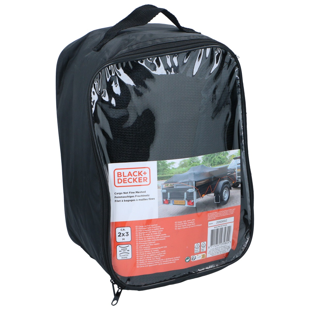Zwarte opbergtas met doorzichtig venster met daarin een ladingnet voor een aanhanger.