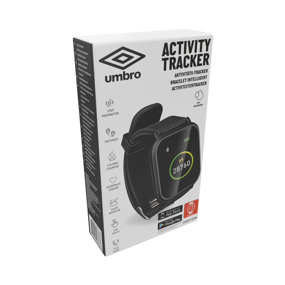 Umbro activity tracker packaging with smartwatch display, step count, distance, calories.