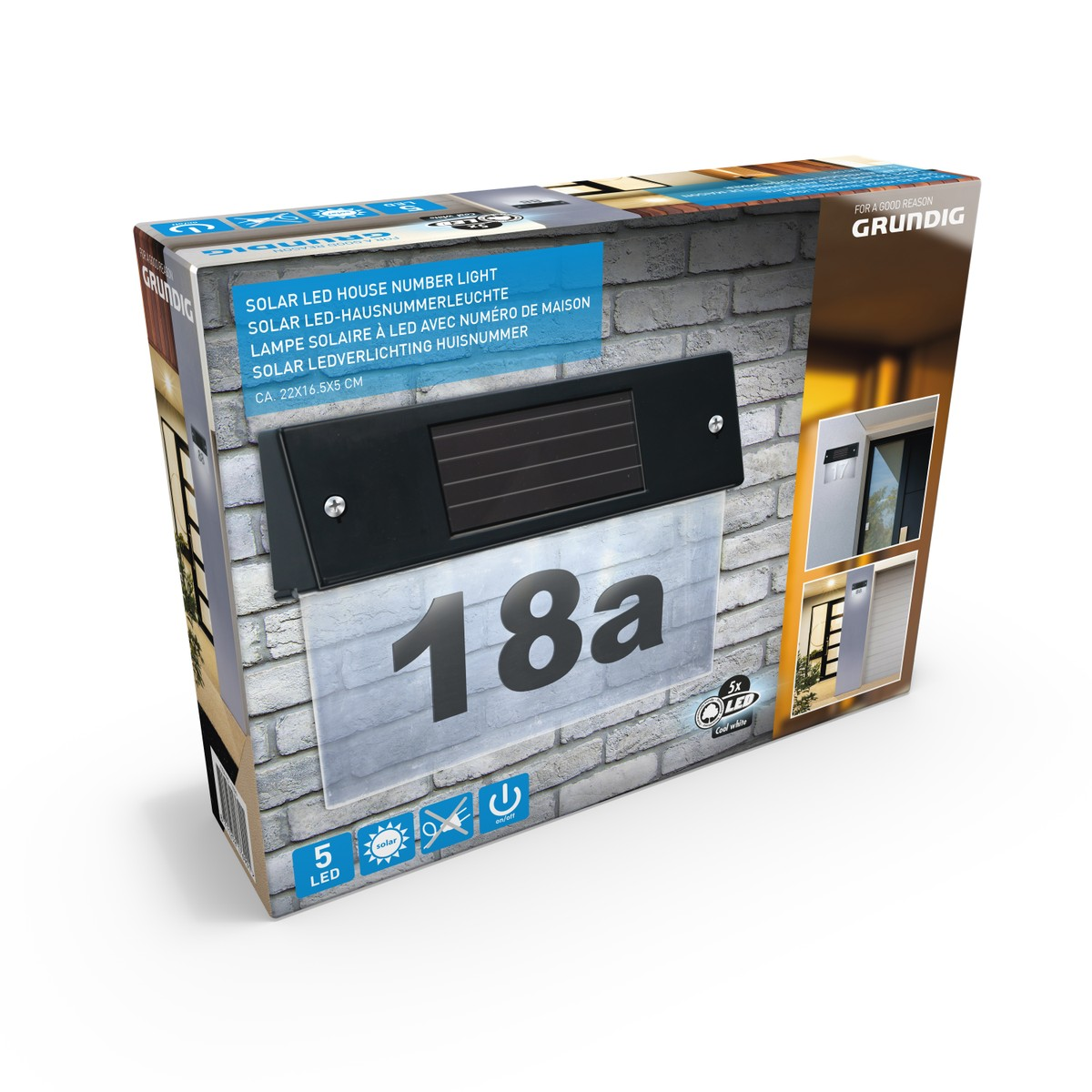 Doos toont een Grundig solar LED huisnummerlicht voor '18a'.