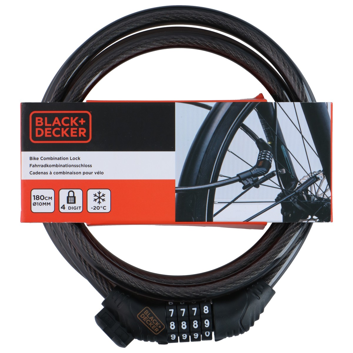 Black bicycle combination lock with 4-digit code on packaging.