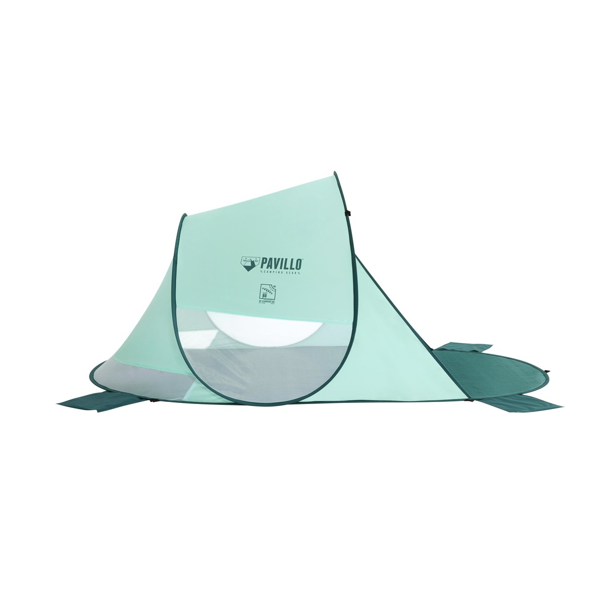 Eine hellgrüne Pop-up-Strandmuschel mit dunkleren grünen Akzenten und dem Pavillo-Logo.