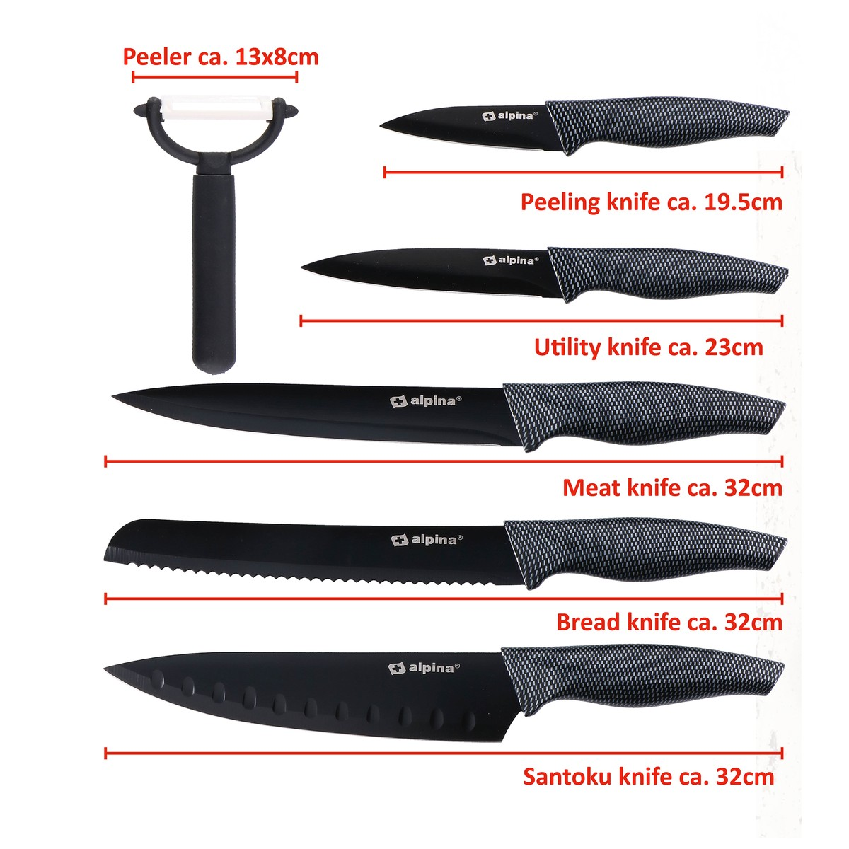 Ein schwarzer Sparschäler und fünf schwarze Messer mit Griffen in Grau.