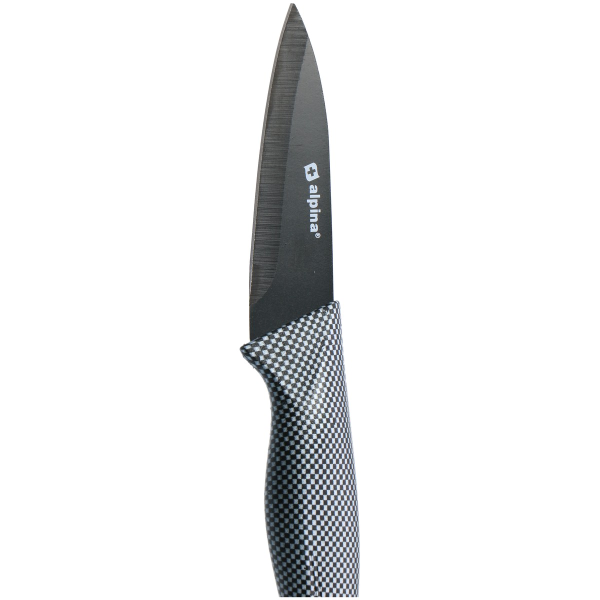 Schwarzes Messer mit kariertem Griff und silbernen Akzenten. "alpina" Logo auf Klinge.