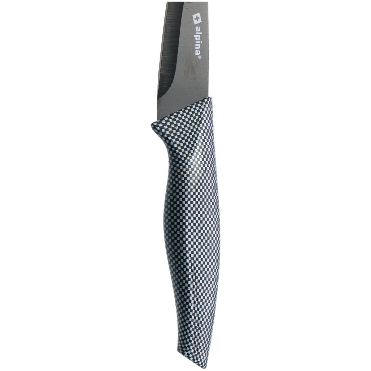 Ein Küchenmesser mit kariertem Griff und silbernem Logo auf der Klinge.
