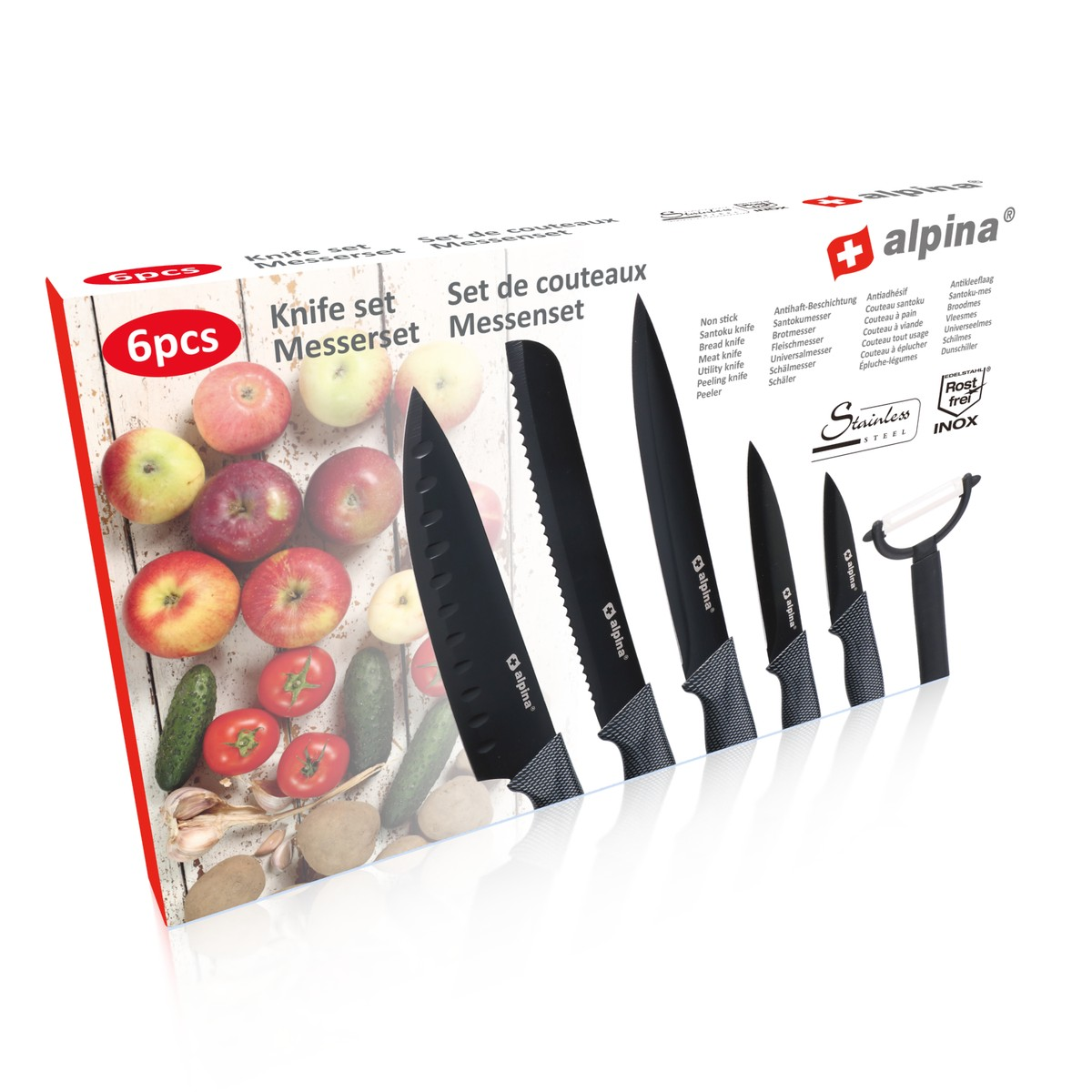 Ein Set schwarzer Messer und ein Sparschäler mit Äpfeln, Tomaten, Gurken und Knoblauch im Hintergrund.