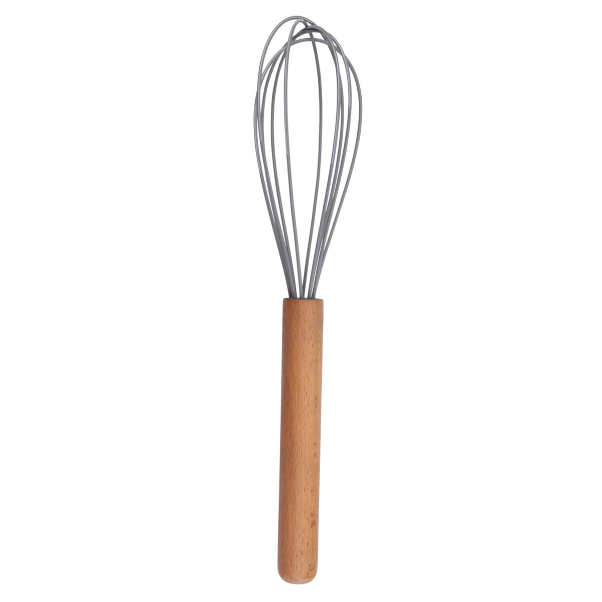 Ein Schneebesen mit Holzgriff und grauen Metalldrähten.
