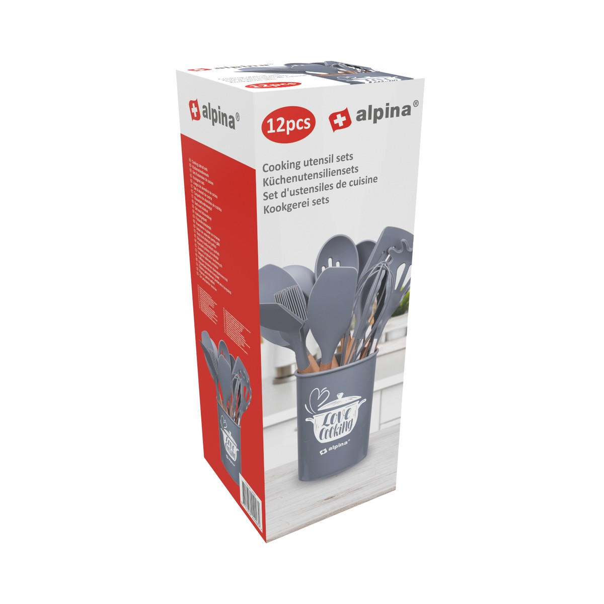 Eine Schachtel zeigt ein Set von 12 grauen Kochutensilien in einem Halter, beschriftet mit 'Alpina'.