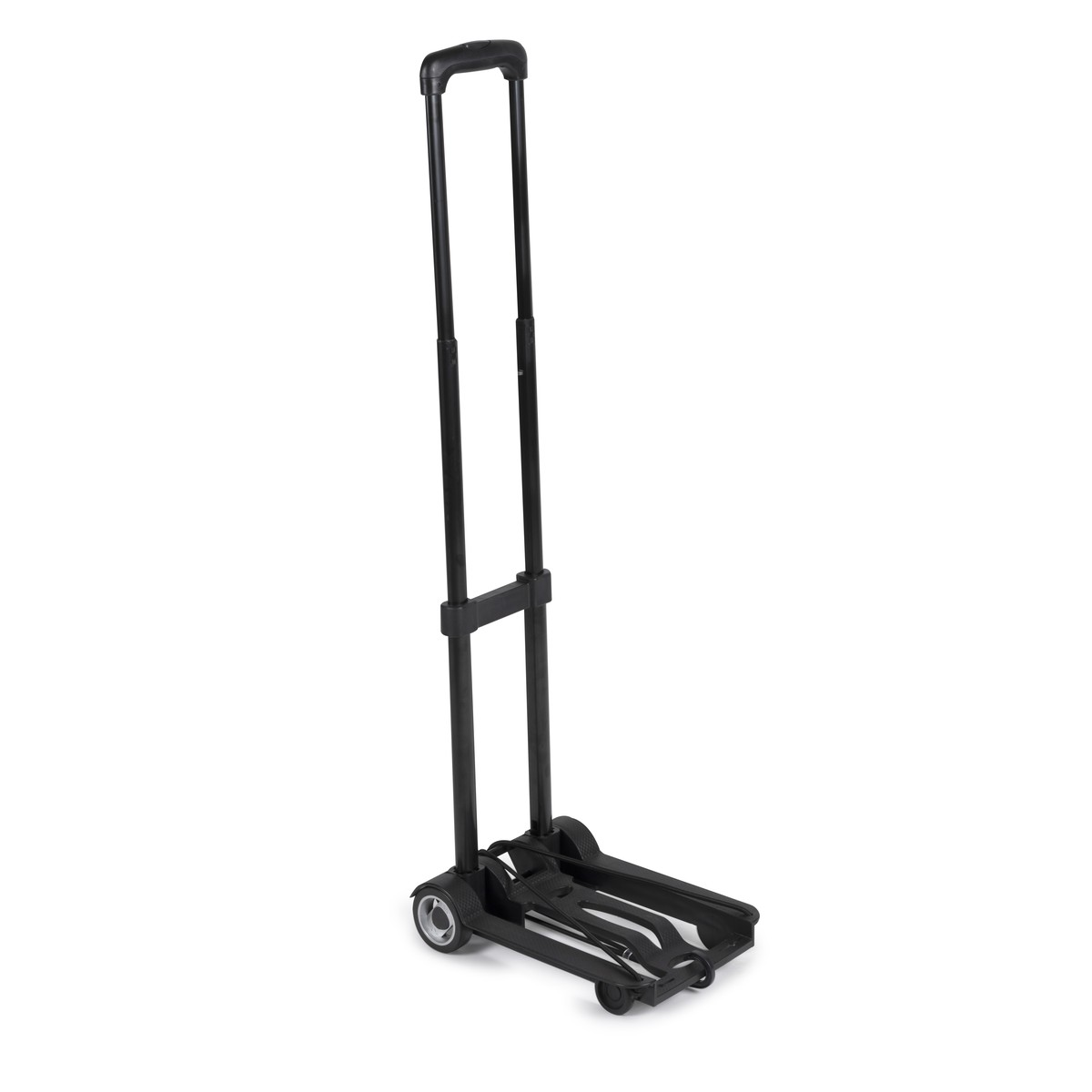 A black collapsible hand truck with an extendable handle and wheels.