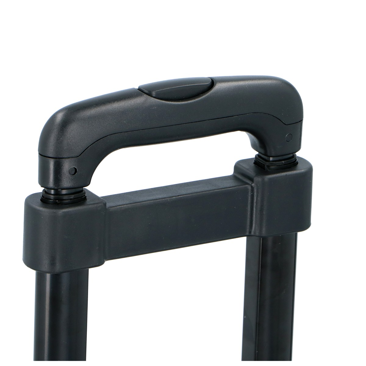 Close-up of a black telescopic suitcase handle with a push button.