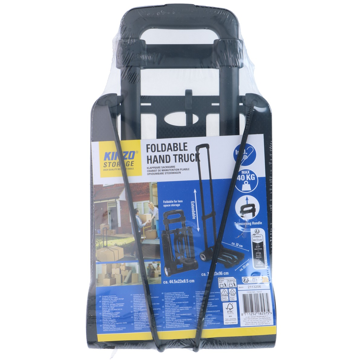 Black foldable hand truck with telescoping handle, max. 40 kg capacity.