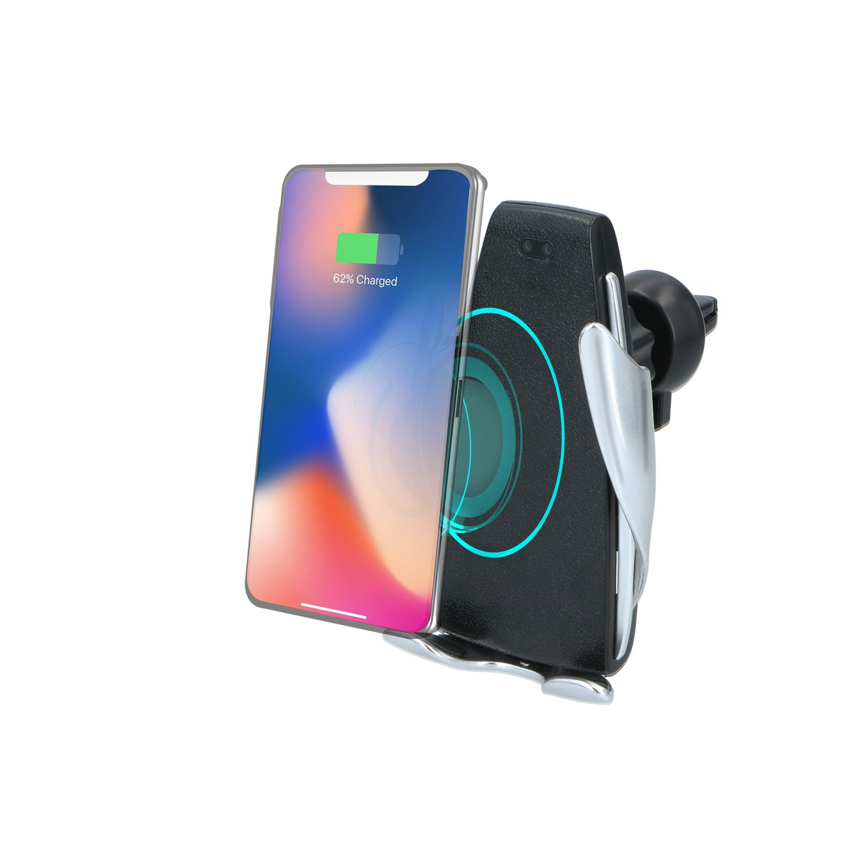 Smartphone chargeant sans fil sur un support noir avec bobine bleue.
