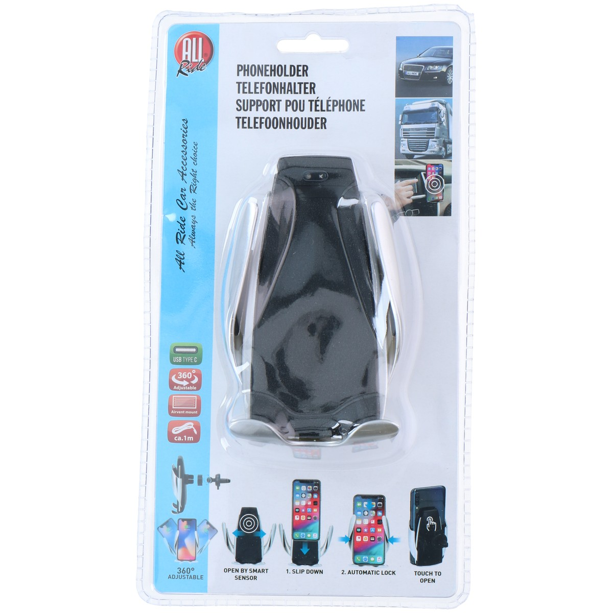 Emballage d'un support de téléphone de voiture noir et argent avec accessoires et images.