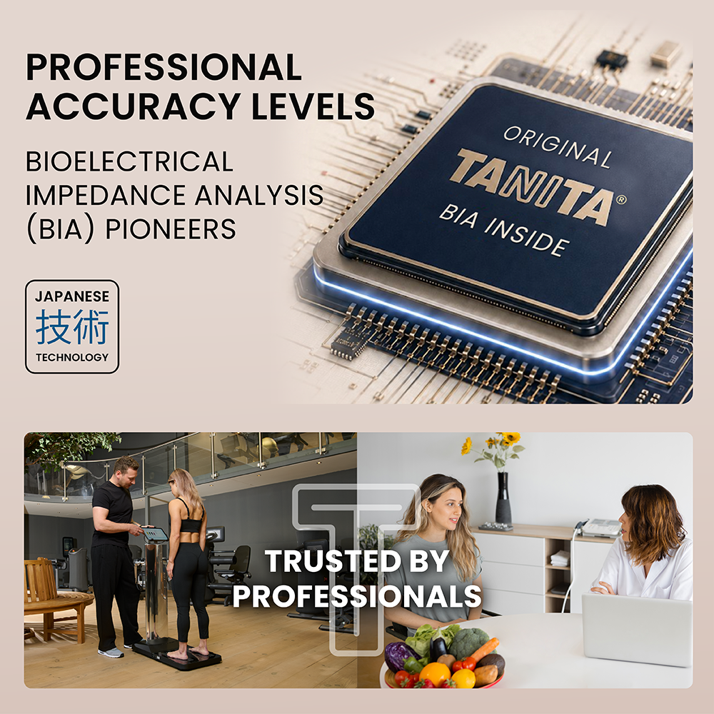 Tanita BIA chip, professional scale, trainer and doctor at desk.