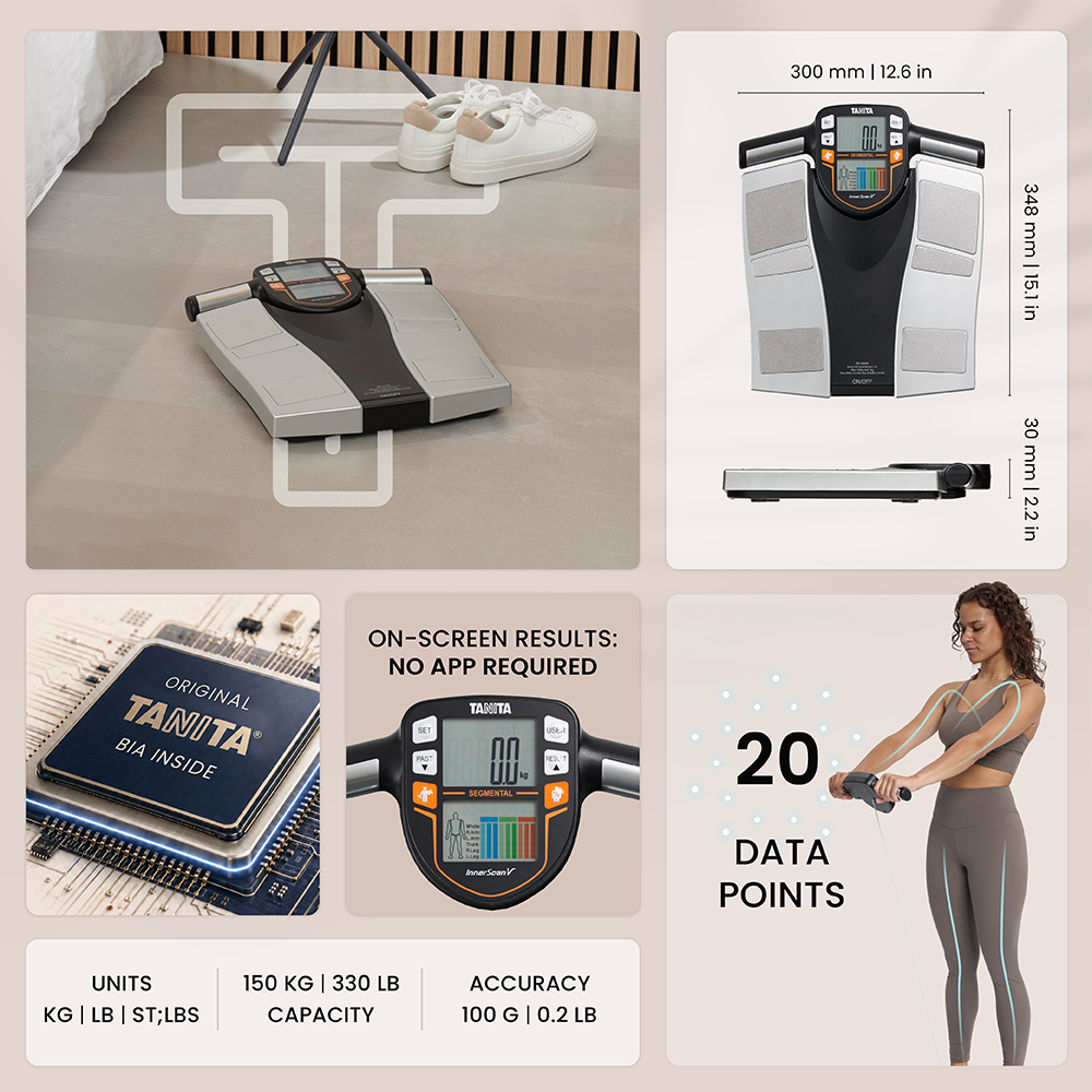 Tanita body composition scale with display, dimensions and a woman using it.