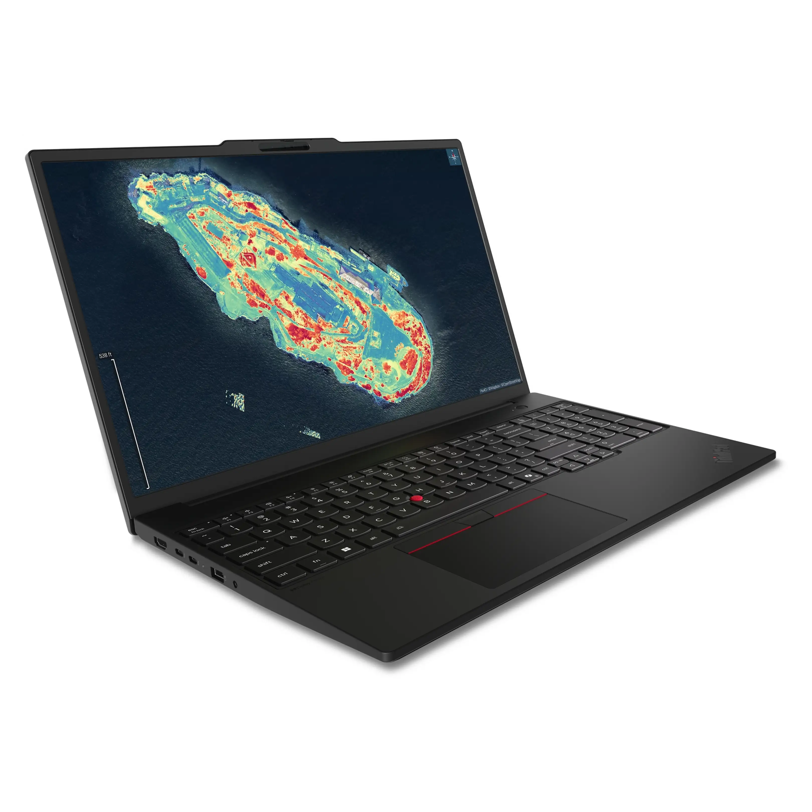 Un laptop nero mostra una mappa termica di un'isola circondata da acqua blu.