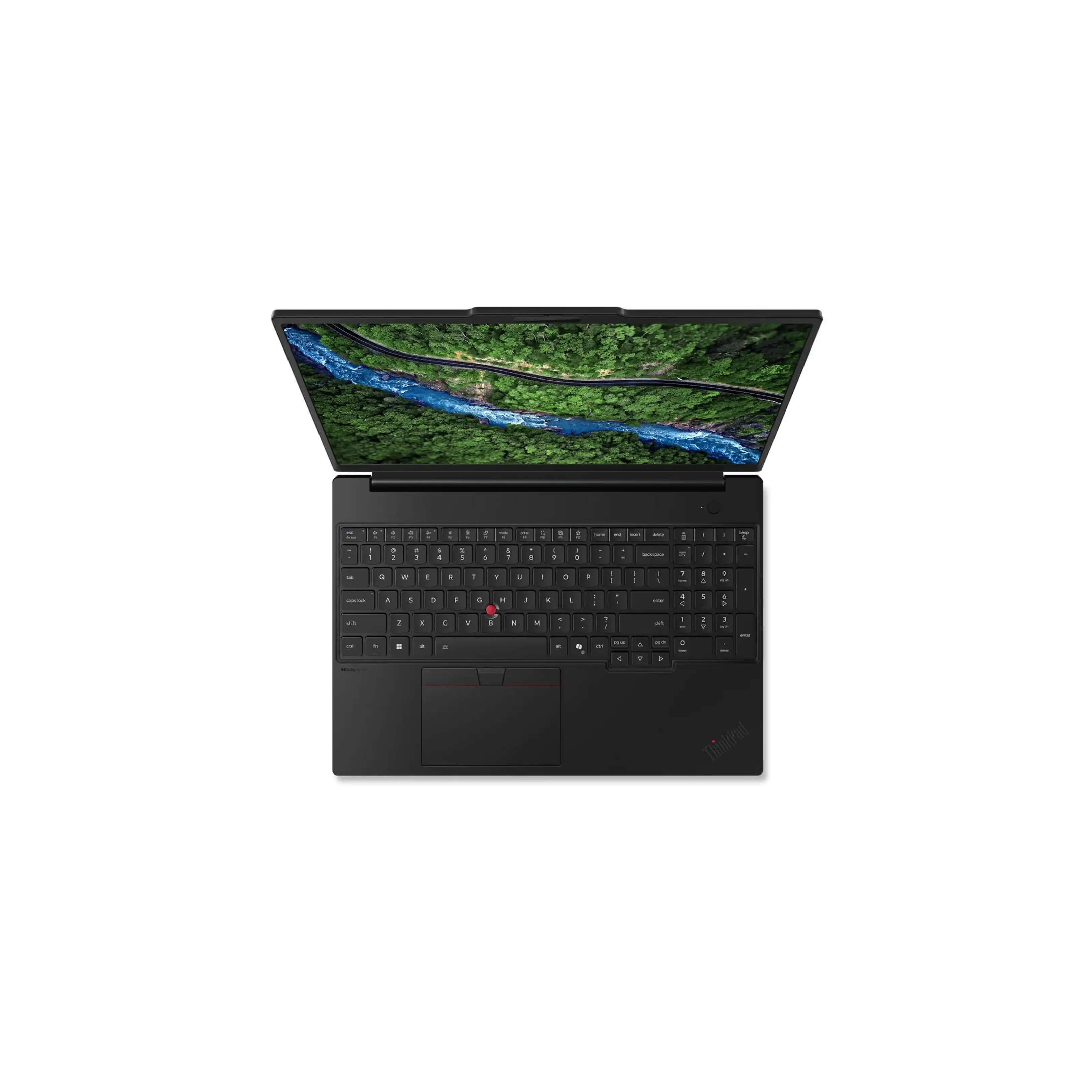Laptop nero con schermo aperto che mostra un paesaggio fluviale.