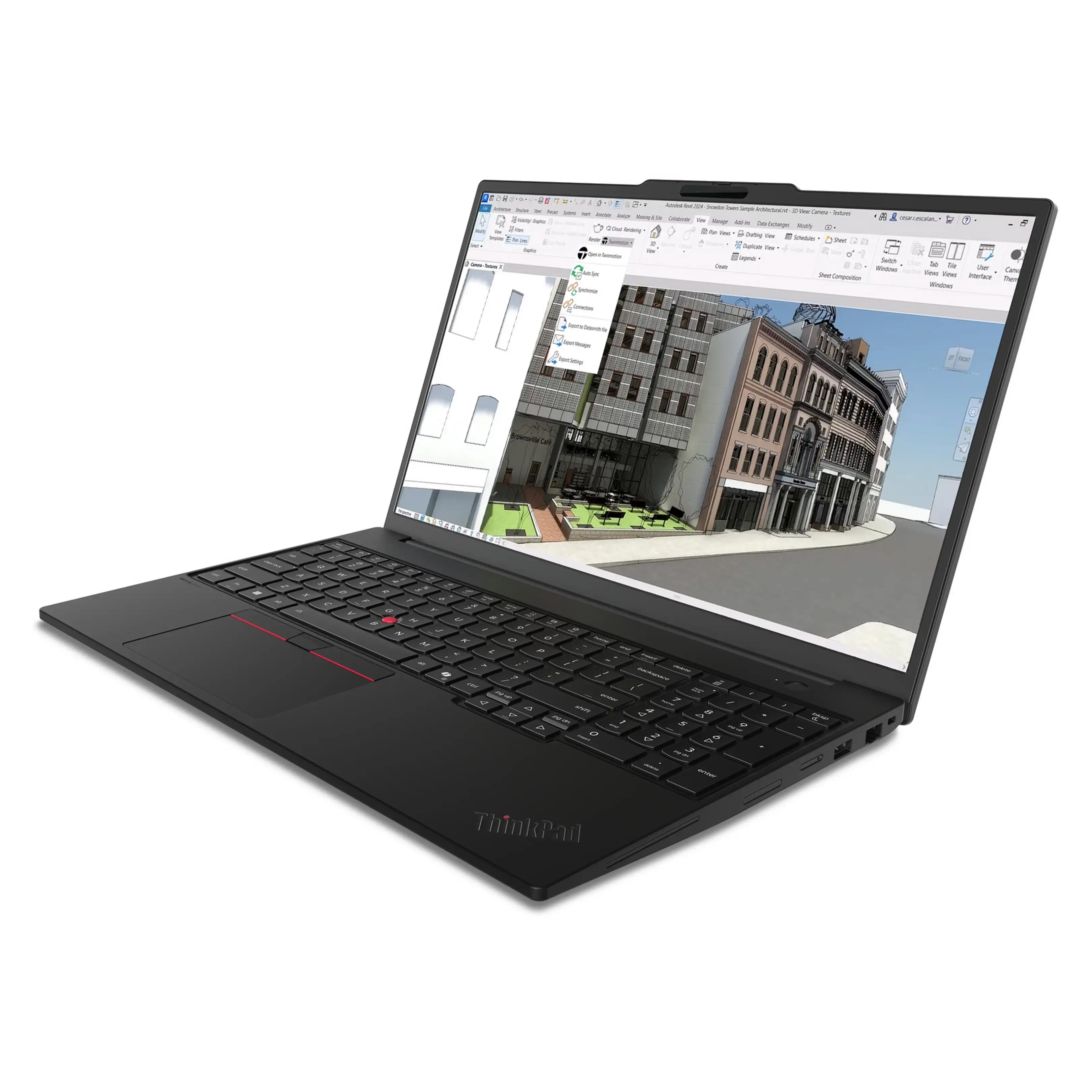 Un laptop nero con schermo aperto, che mostra una visualizzazione architettonica 3D.