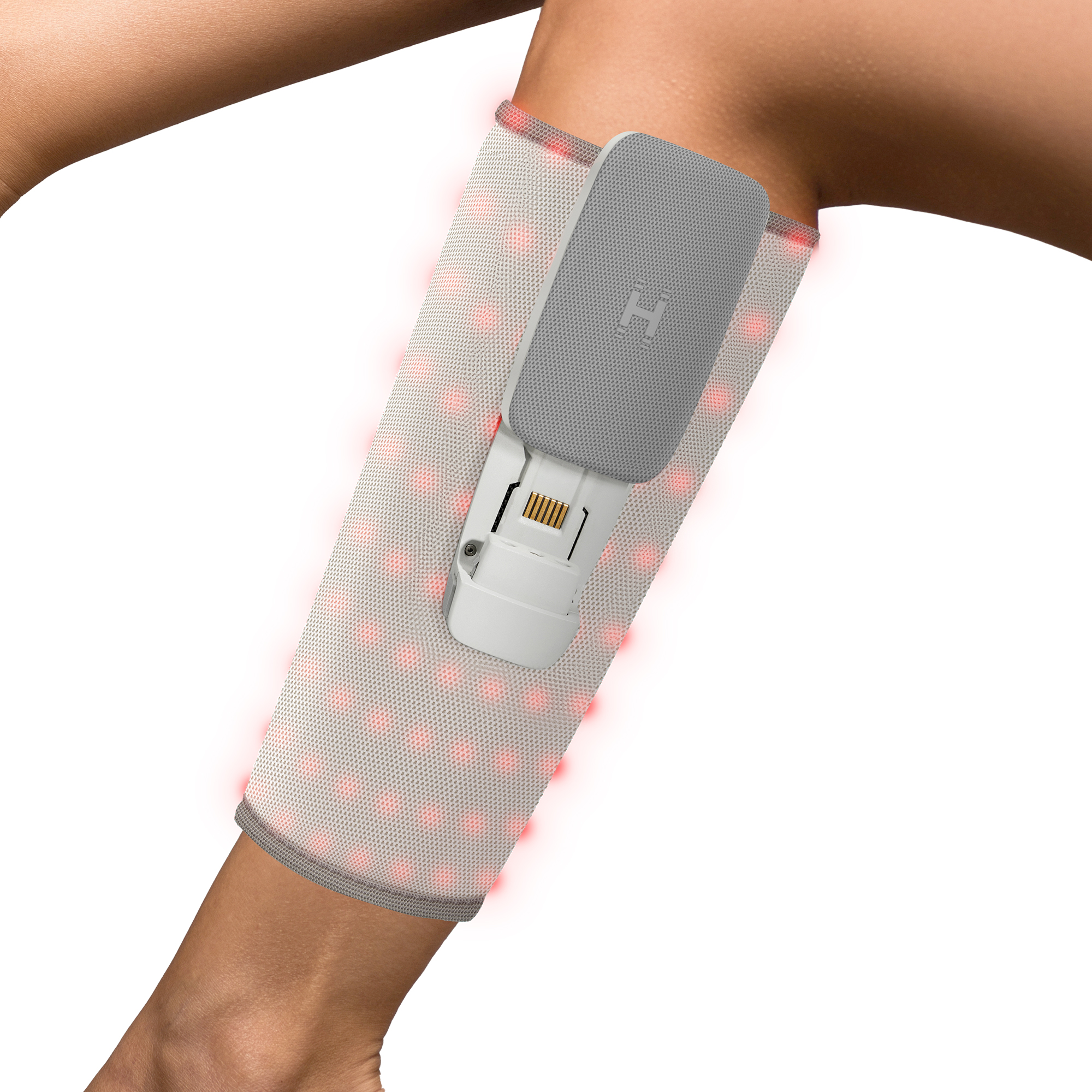 Ein Arm mit einem weißen Band, das rote Lichter aussendet.