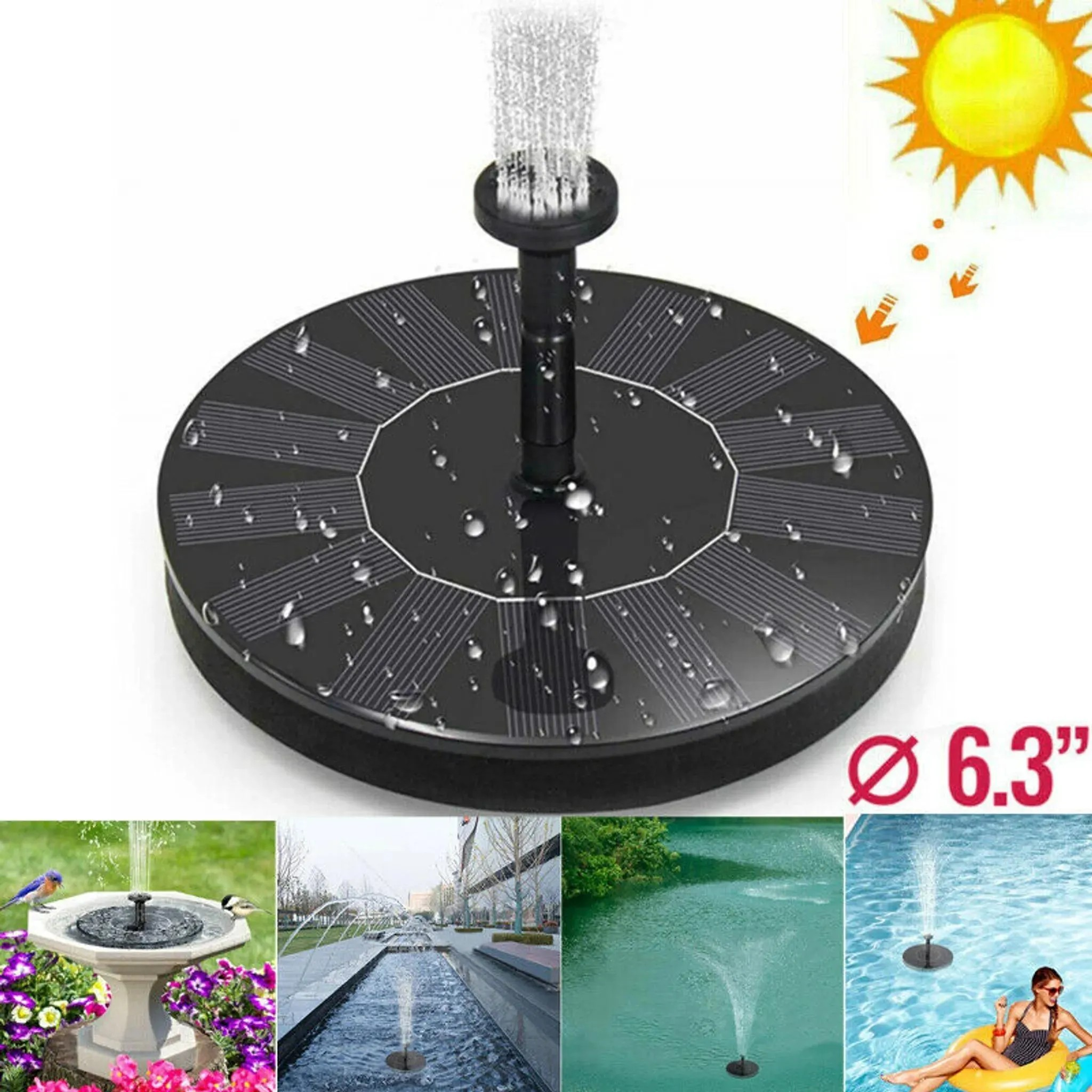 Solarbetriebener Brunnensprinkler mit Wassersprühfunktion, Maße 6,3 Zoll.