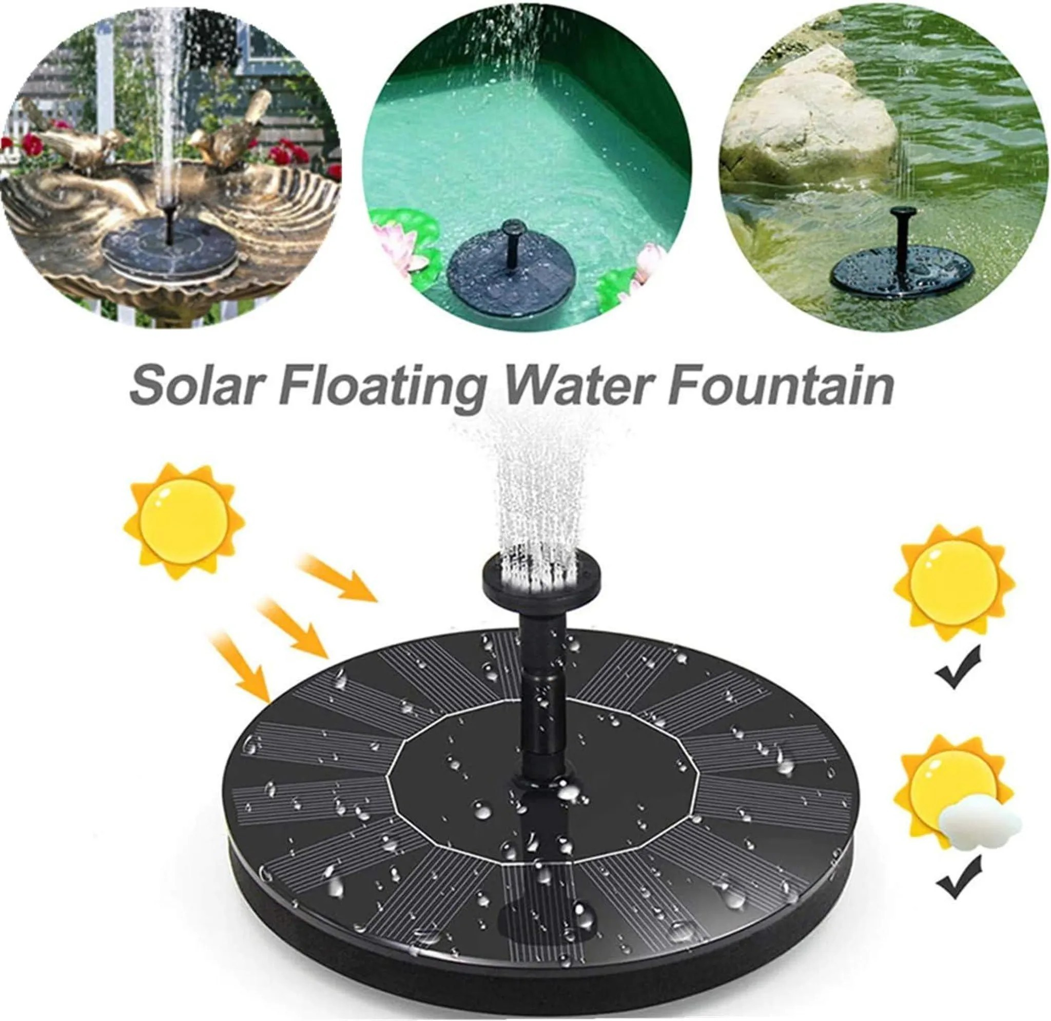 Solar schwimmende Wasserfontäne mit Solarpanels, sprüht Wasser. Enthält Sonnensymbole.