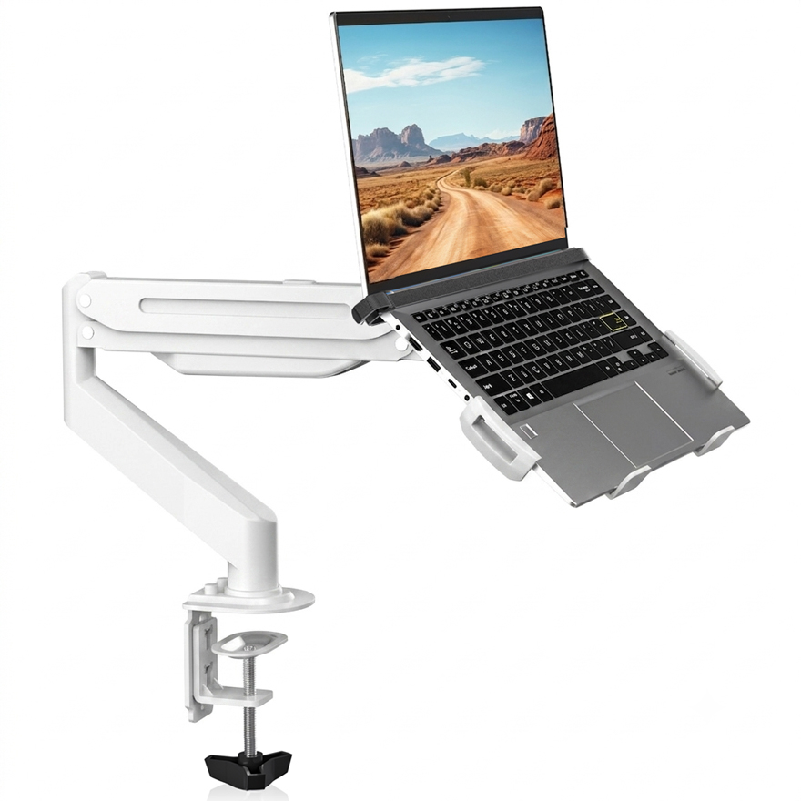 Ein Laptop auf einer weißen Halterung mit Scherenarm und Tischklemme.