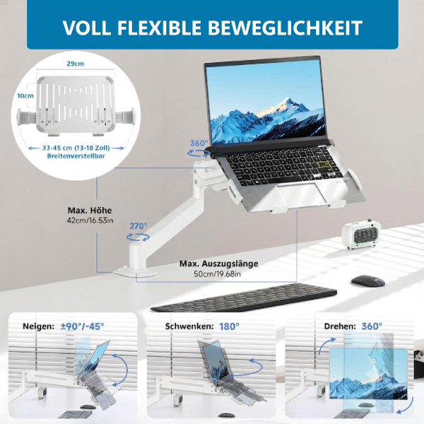 Ein weißer Laptoparm mit Laptop, Tastatur und Maus auf einem Schreibtisch.