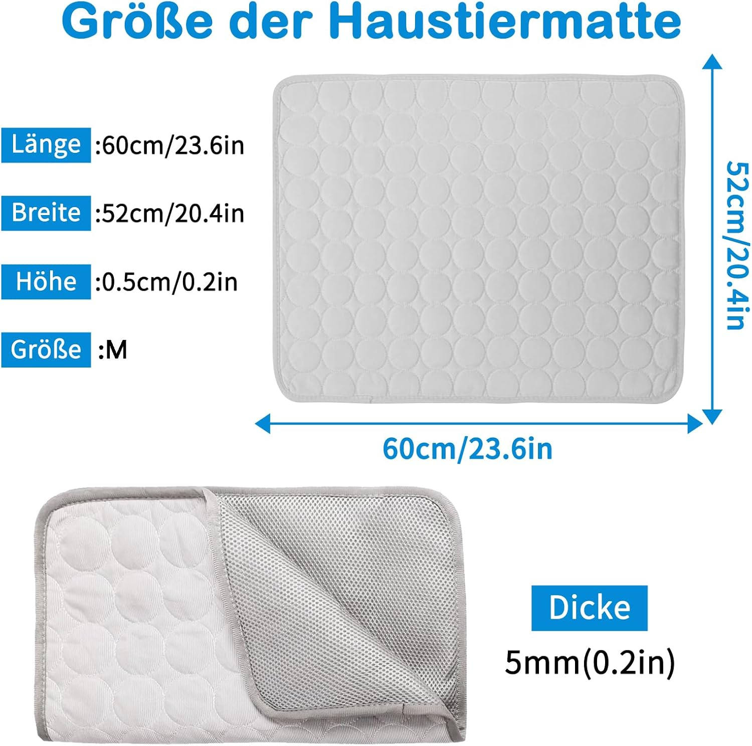 Größenangaben einer Haustiermatte: 60x52cm, 0.5cm dick, Größe M.