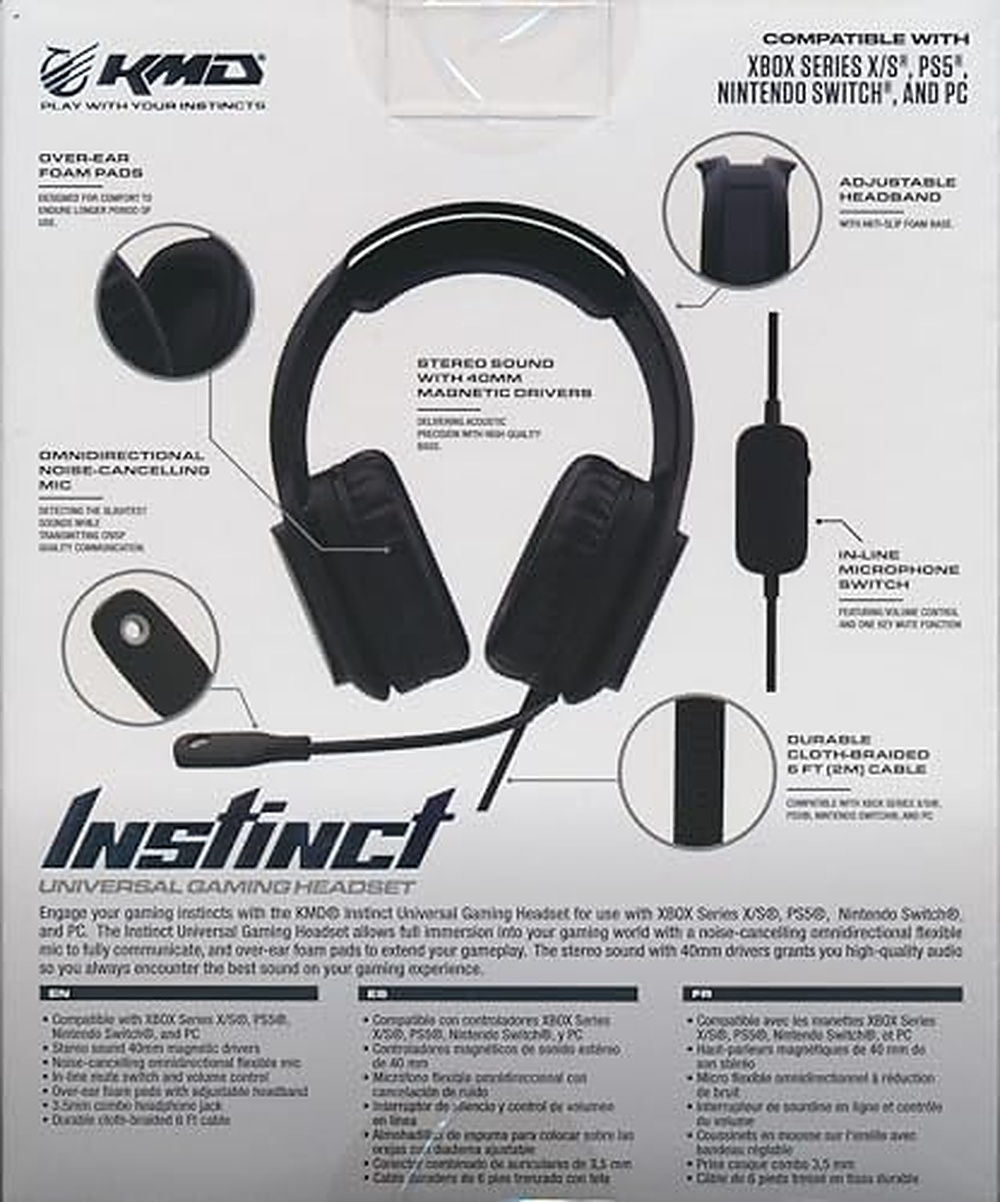 KMD Instinct Gaming Headset: Over-ear, 40mm drivers, noise-cancelling mic, adjustable headband.