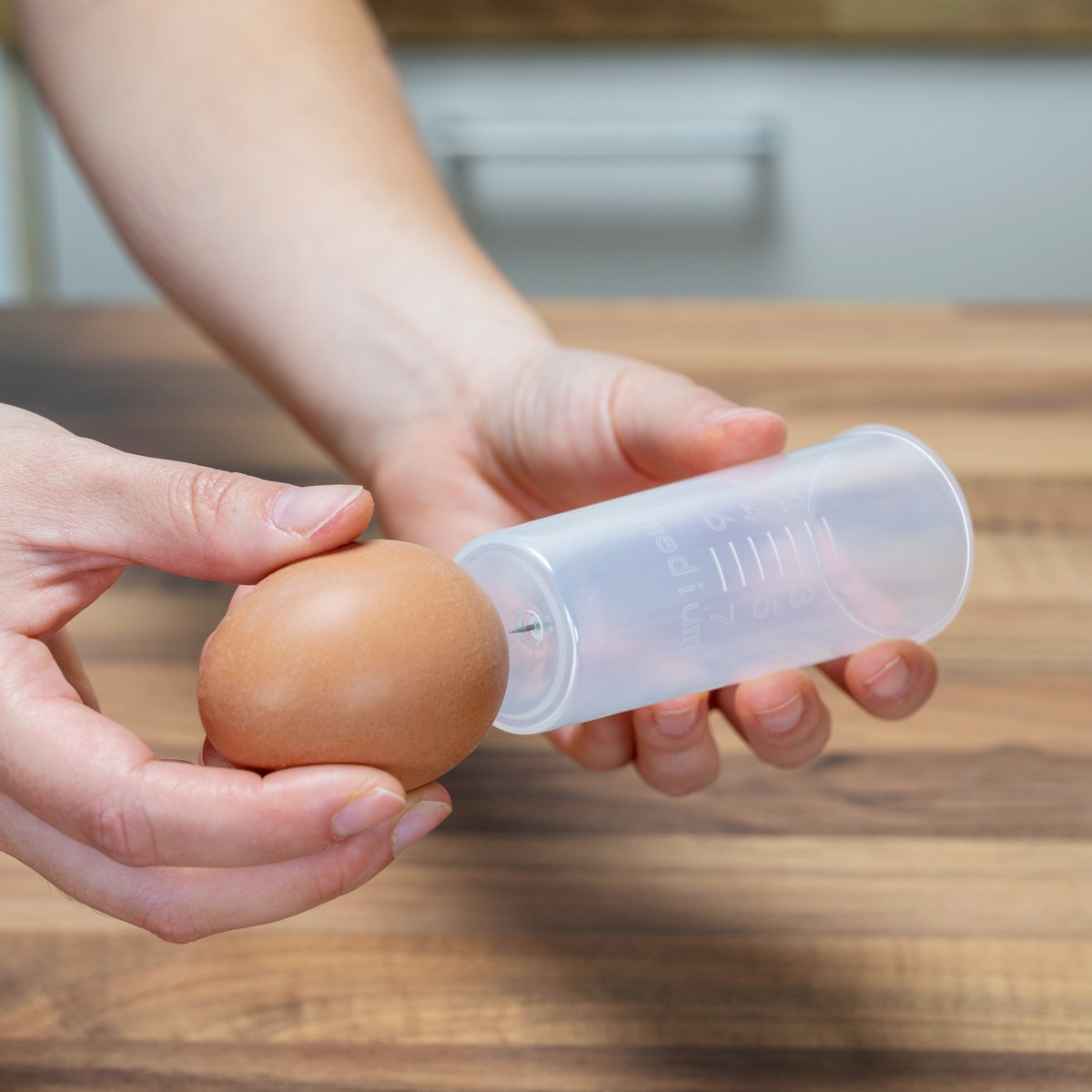 A brown eggshell is pierced by a needle tip through a clear plastic tube.