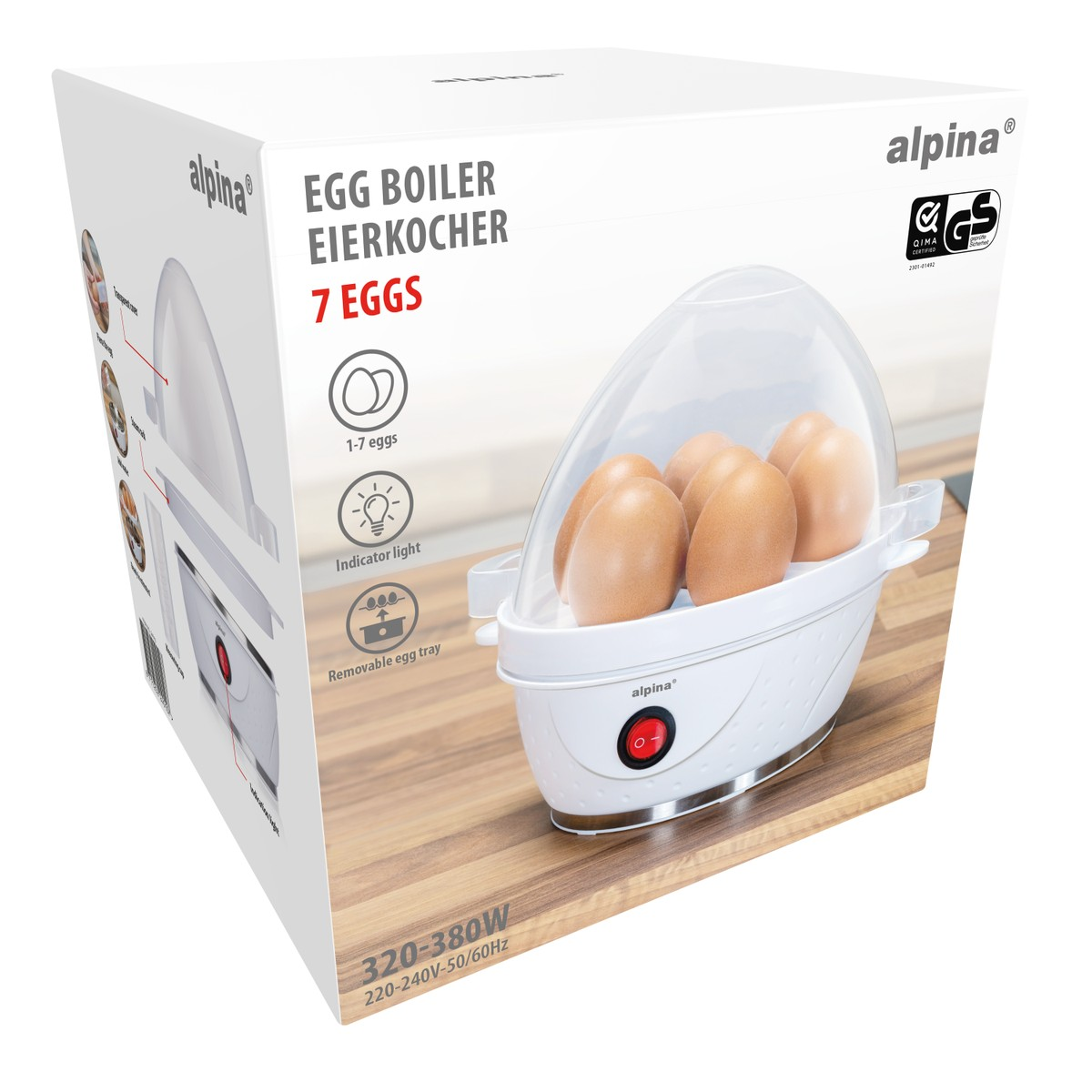 A white egg cooker with 7 brown eggs and a transparent lid.