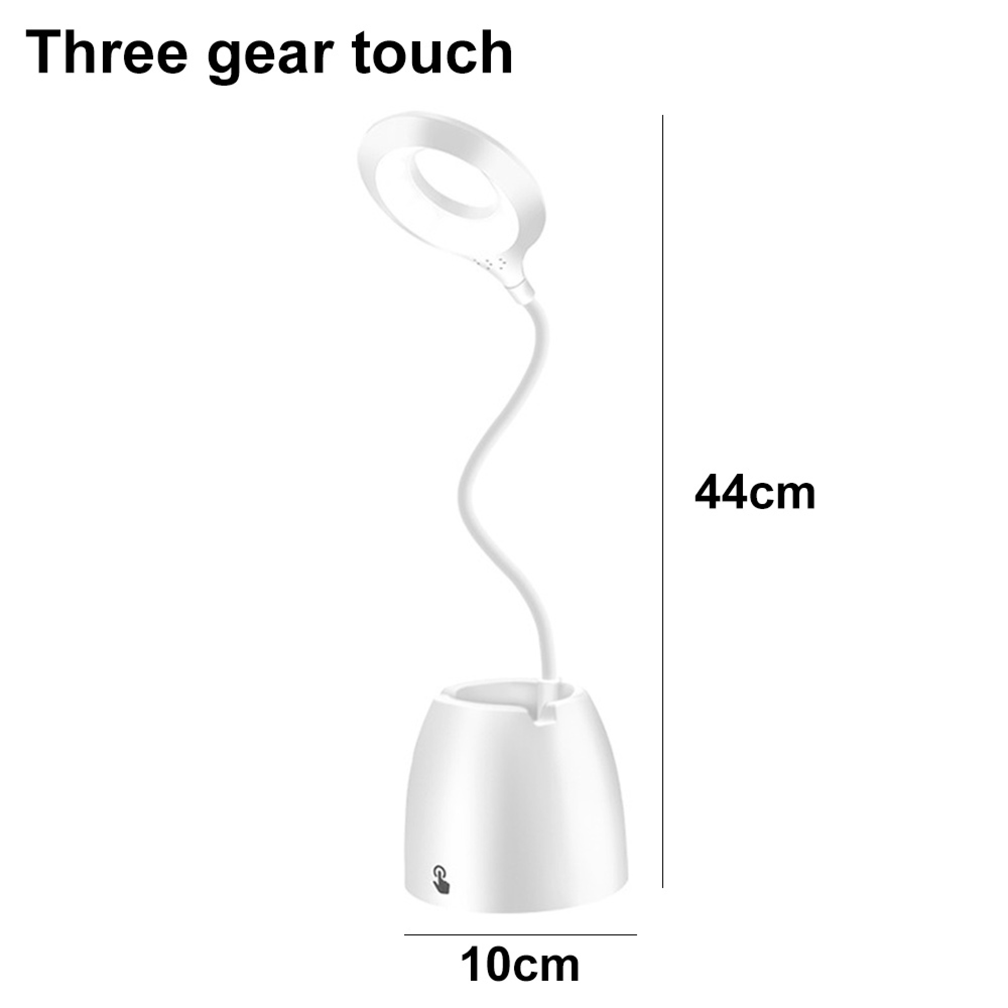 Eine weiße Nachttischlampe mit flexiblem Arm und Ringlicht. Maße 44x10cm.
