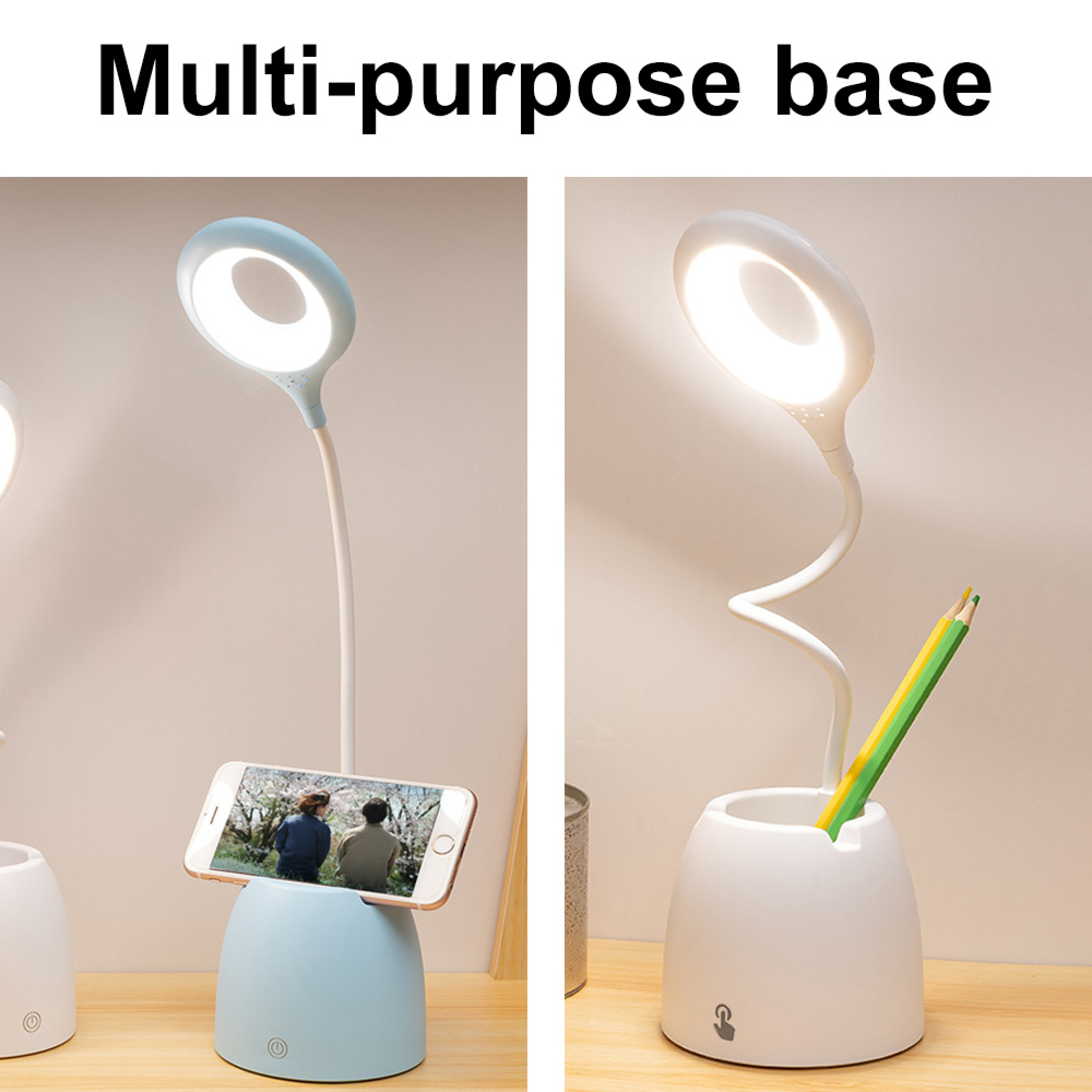 Zwei Nachttischlampen mit Schwanenhals und runden Lichtern, eine hält ein Handy.