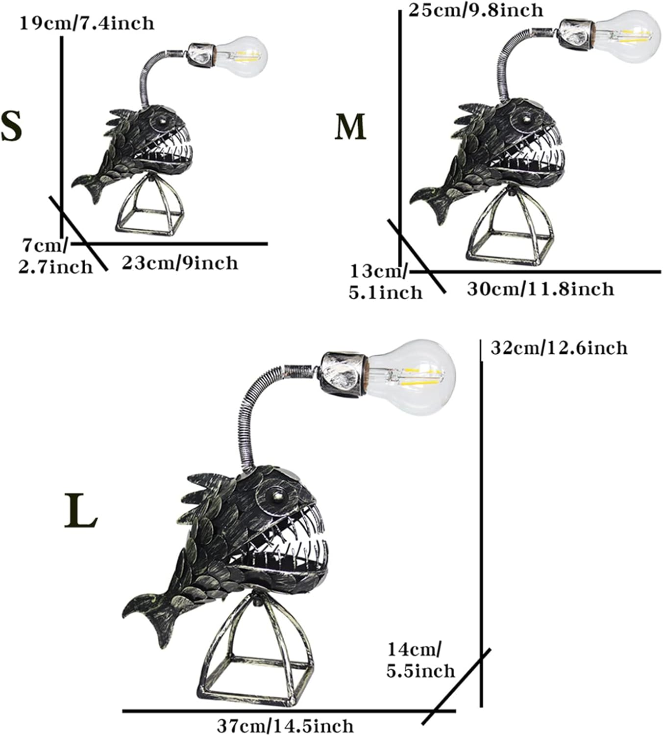 Drei Größen von fischförmigen Lampen: S, M und L, mit Maßen.