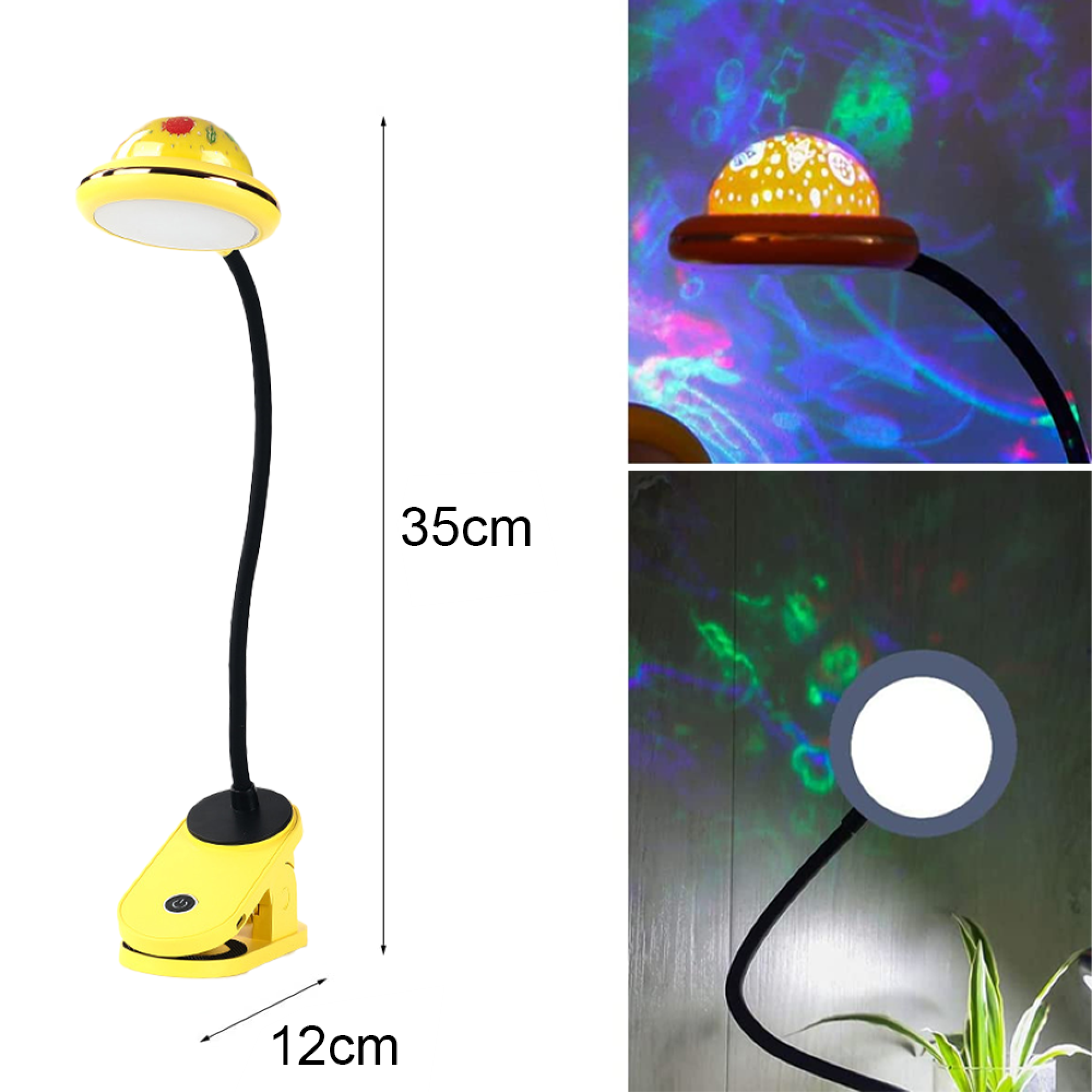 Eine gelbe Klemm-Schreibtischlampe mit flexiblem Arm und Sternenprojektion.